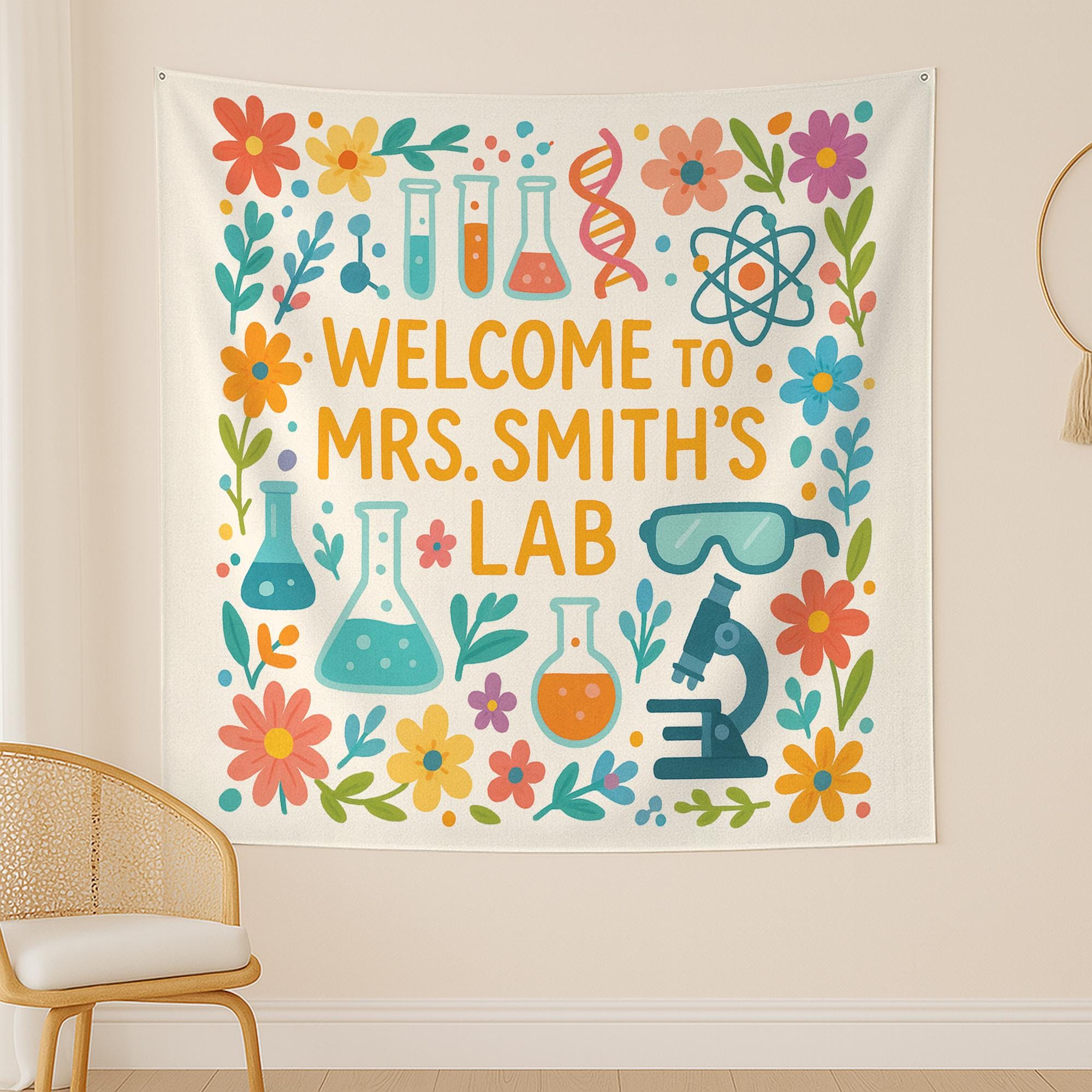 Personalized Science Lab Tapestry, Classroom Wall Decor, Cute Teacher Banner, Chemistry Poster, Floral STEM Lab Decoration,Science Lab Decor