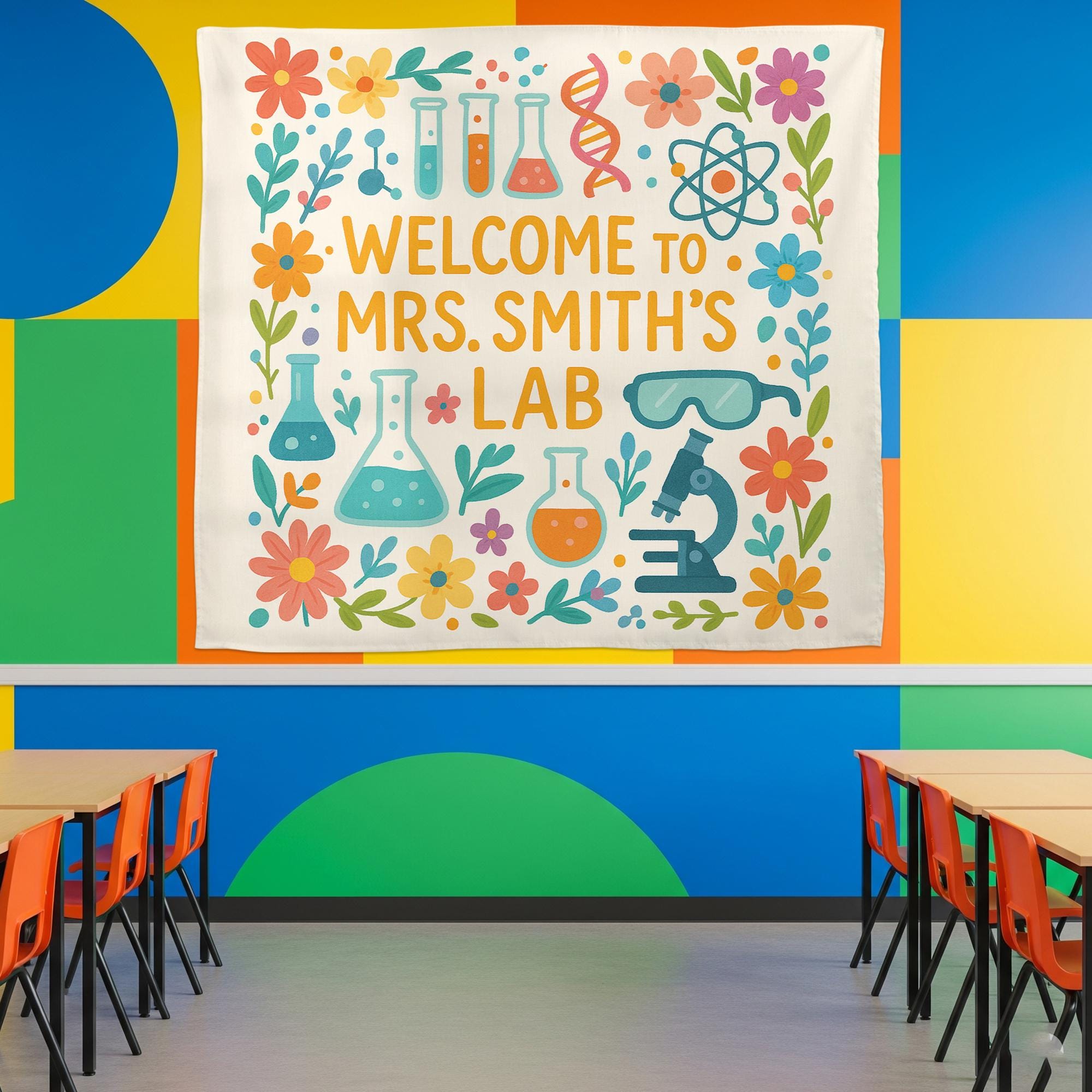 Personalized Science Lab Tapestry, Classroom Wall Decor, Cute Teacher Banner, Chemistry Poster, Floral STEM Lab Decoration,Science Lab Decor