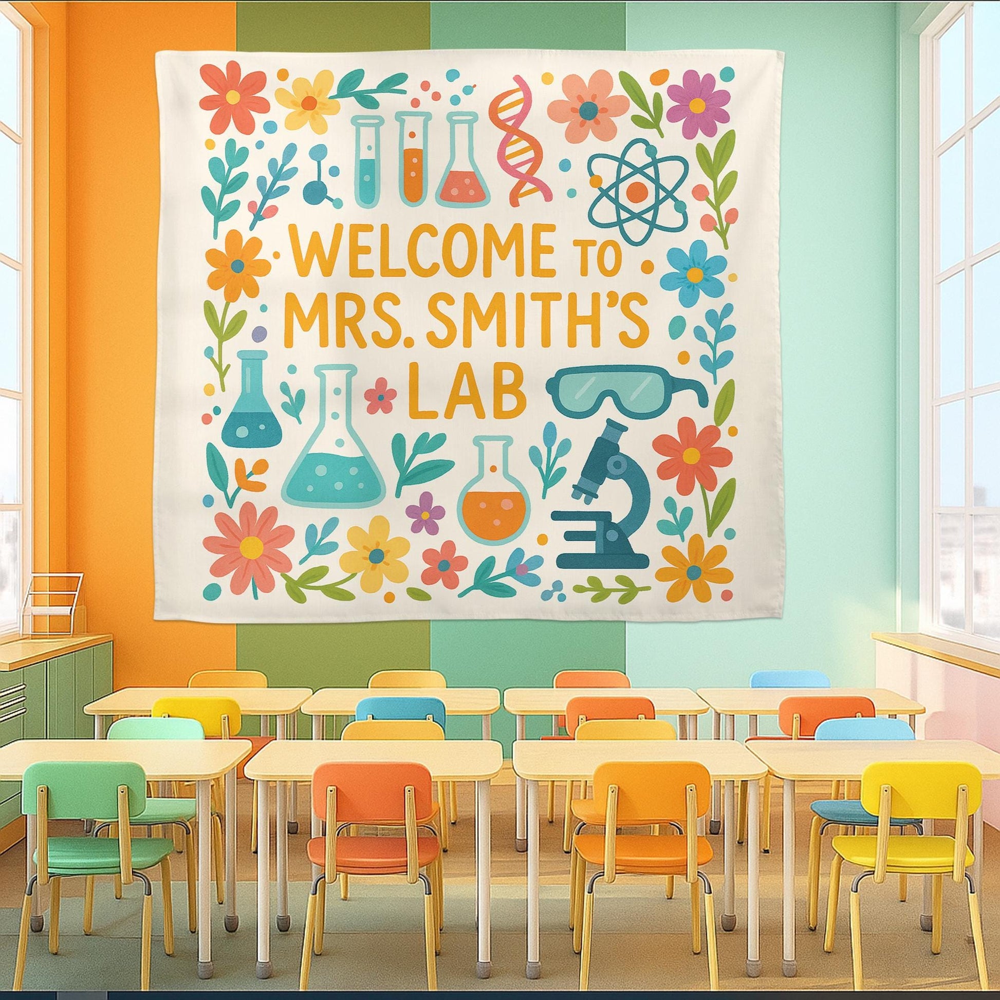 Personalized Science Lab Tapestry, Classroom Wall Decor, Cute Teacher Banner, Chemistry Poster, Floral STEM Lab Decoration,Science Lab Decor