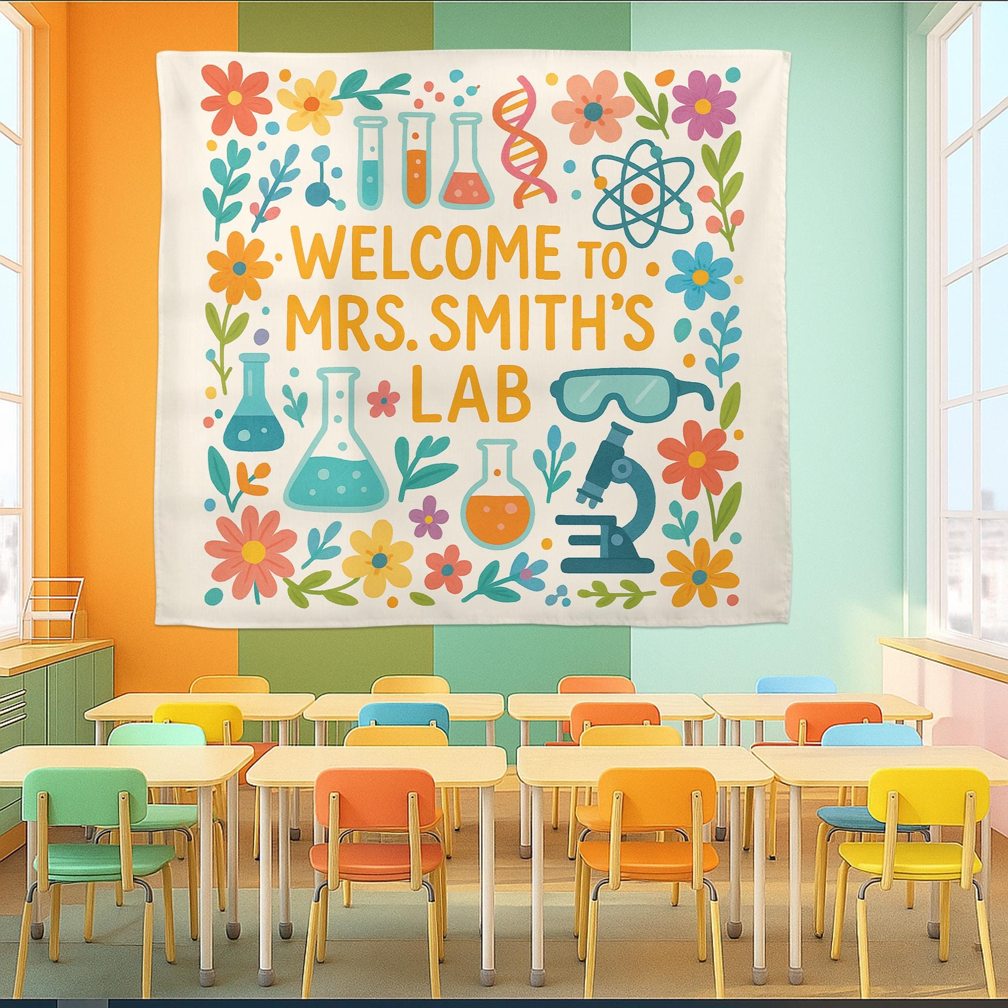 Personalized Science Lab Tapestry, Classroom Wall Decor, Cute Teacher Banner, Chemistry Poster, Floral STEM Lab Decoration,Science Lab Decor