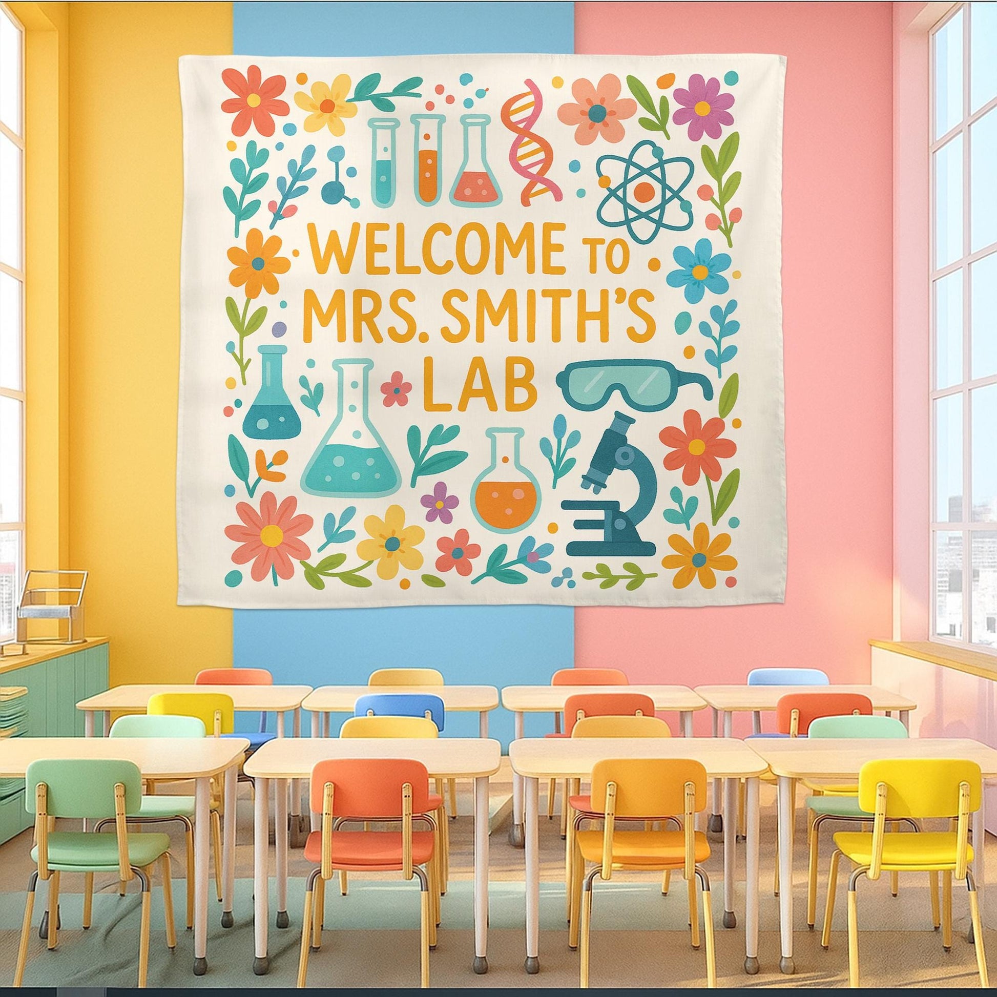 Personalized Science Lab Tapestry, Classroom Wall Decor, Cute Teacher Banner, Chemistry Poster, Floral STEM Lab Decoration,Science Lab Decor