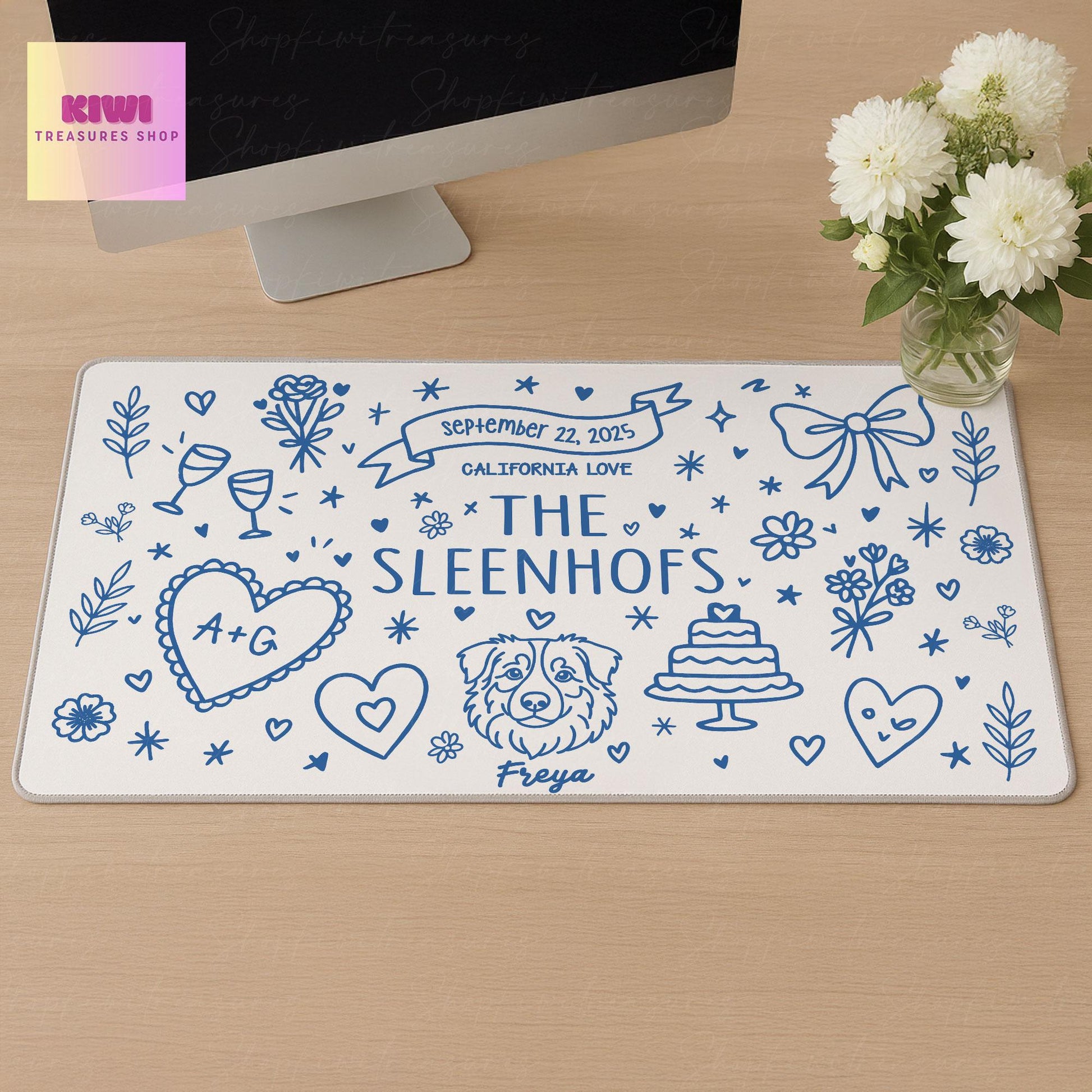 Custom Wedding Mouse Pad – Personalized Couple Name Desk Mat with Date, Location & Pet – Cute Newlywed Gift – Anniversary Office Decor