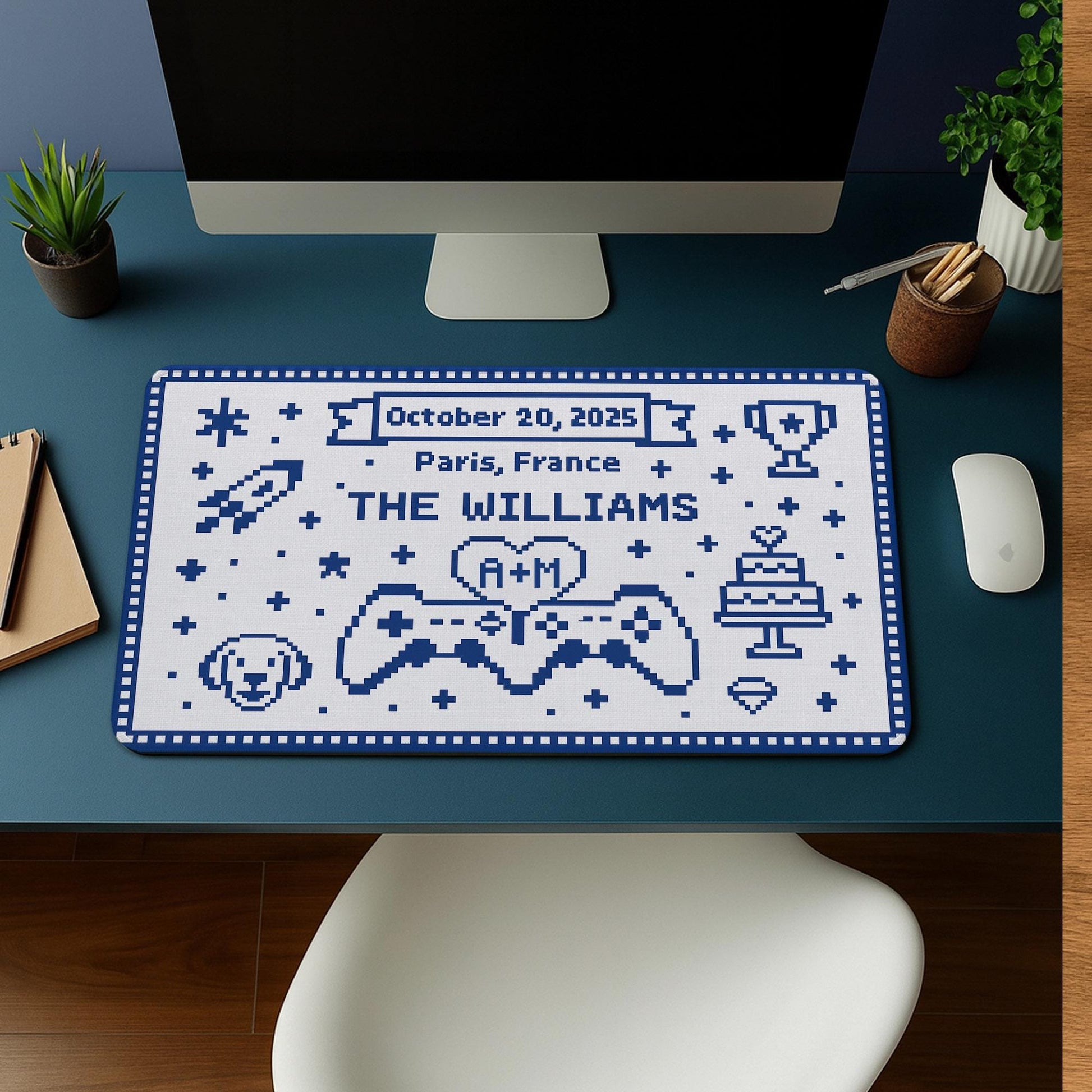 Custom Gamer Wedding Mouse Pad – Personalized Name, Date & Location Desk Mat – Pixel Art Gaming Couple Gift – Cute Wedding Office Decor