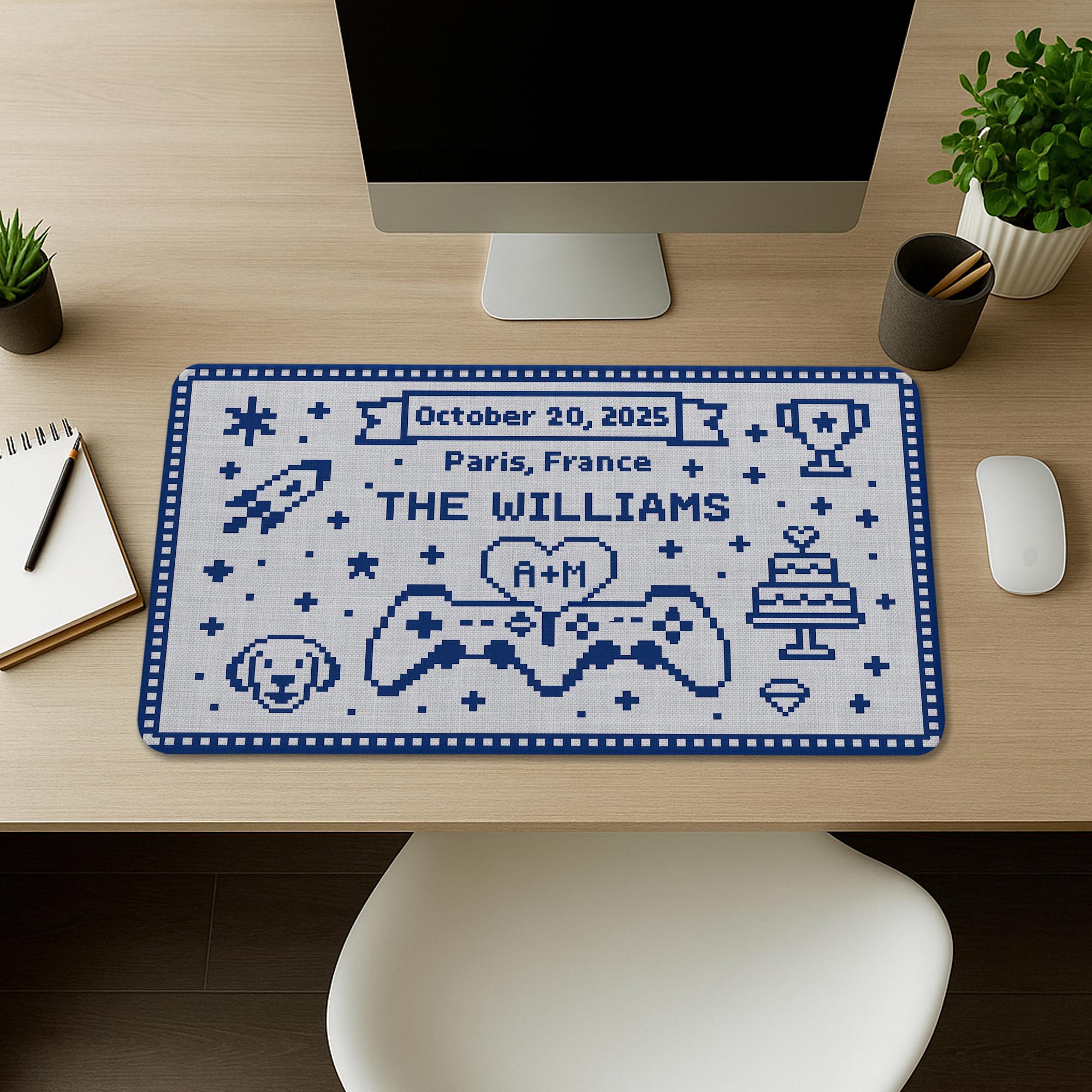 Custom Gamer Wedding Mouse Pad – Personalized Name, Date & Location Desk Mat – Pixel Art Gaming Couple Gift – Cute Wedding Office Decor