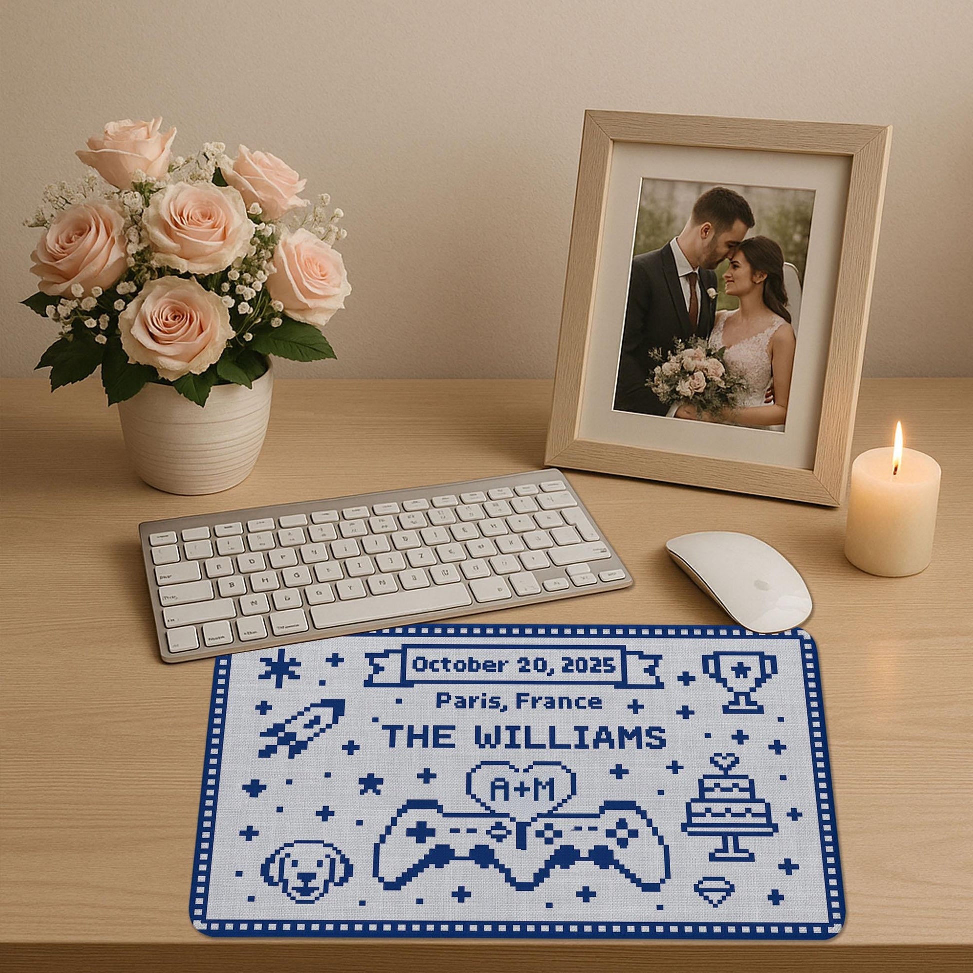Custom Gamer Wedding Mouse Pad – Personalized Name, Date & Location Desk Mat – Pixel Art Gaming Couple Gift – Cute Wedding Office Decor