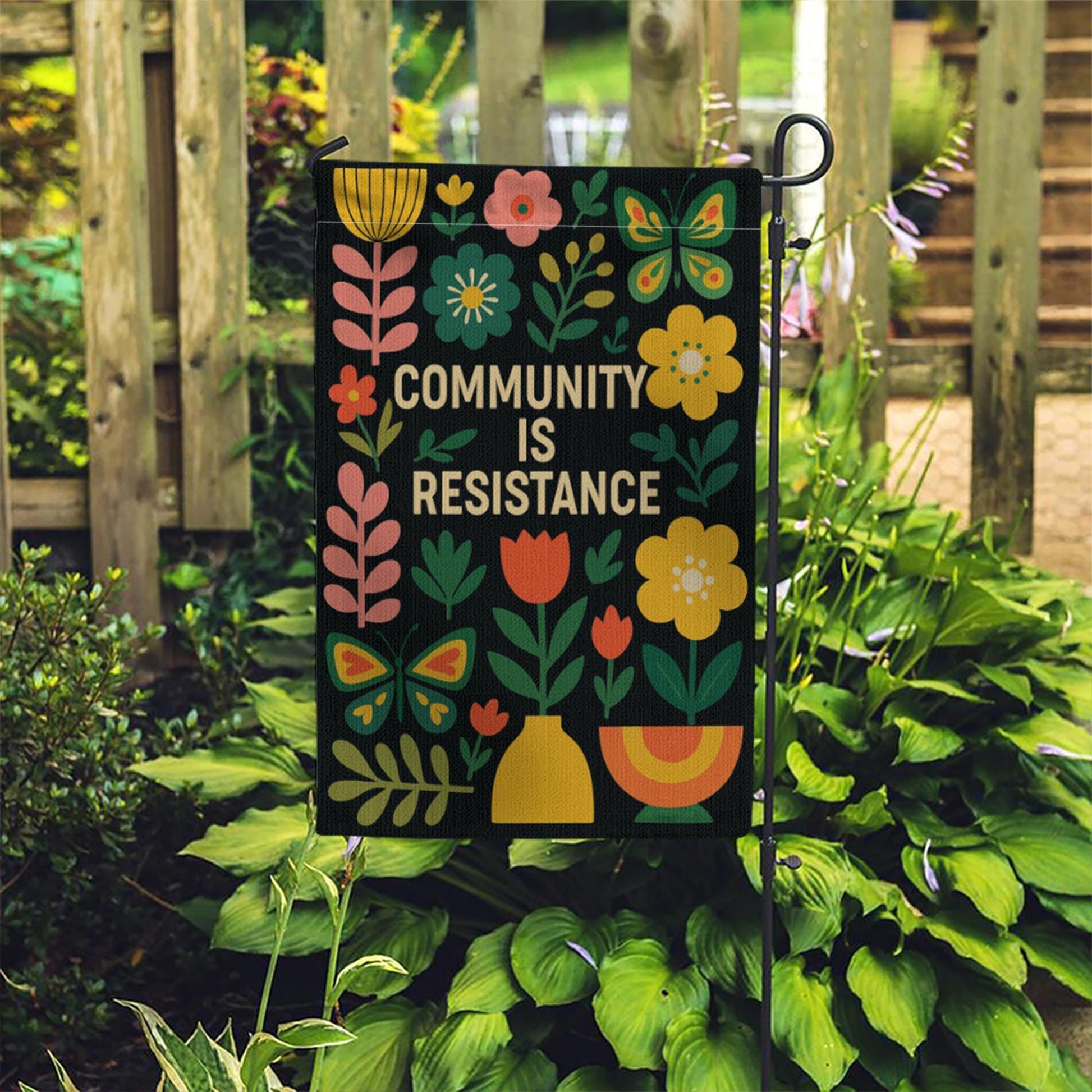 Community Is Resistance Garden Flag, Colorful Floral Yard Sign, Social Justice Outdoor Decor, Mutual Aid Activist Gift Banner