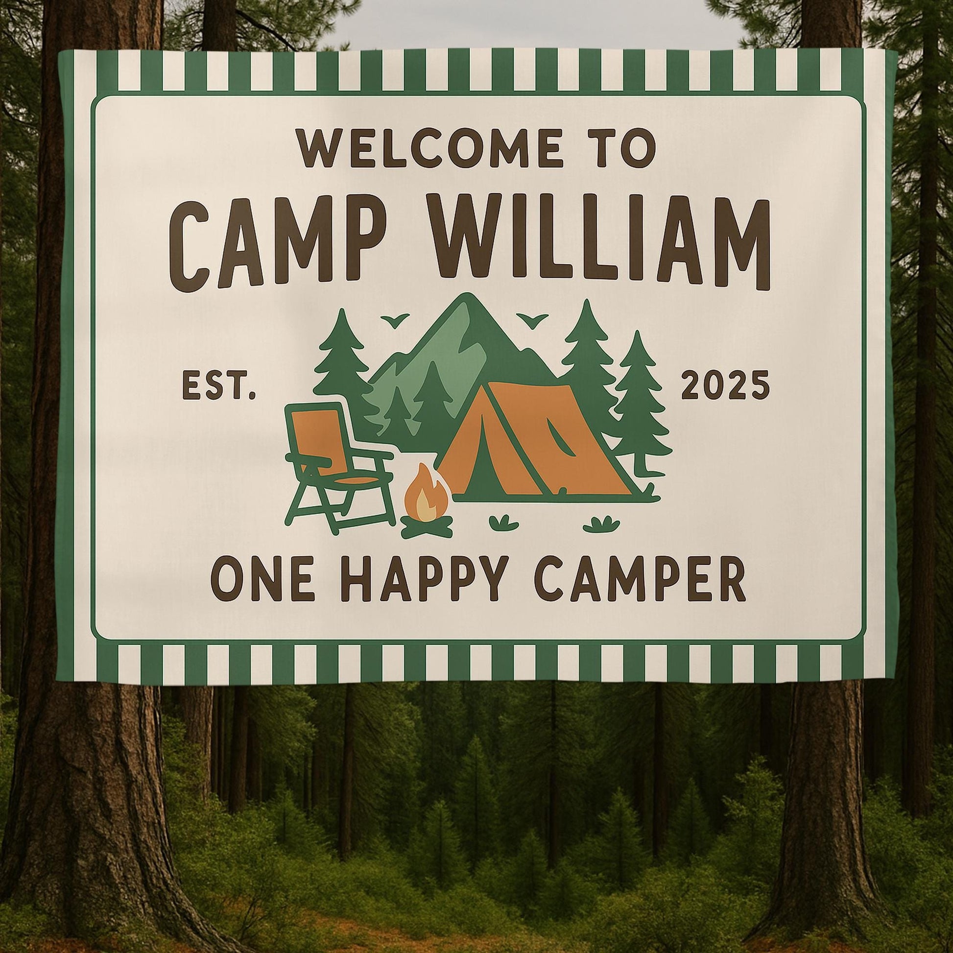 Custom Camp Birthday Tapestry – Personalized Camping Party Banner – Outdoor Adventure Decor – One Happy Camper Sign for Kids or Adults