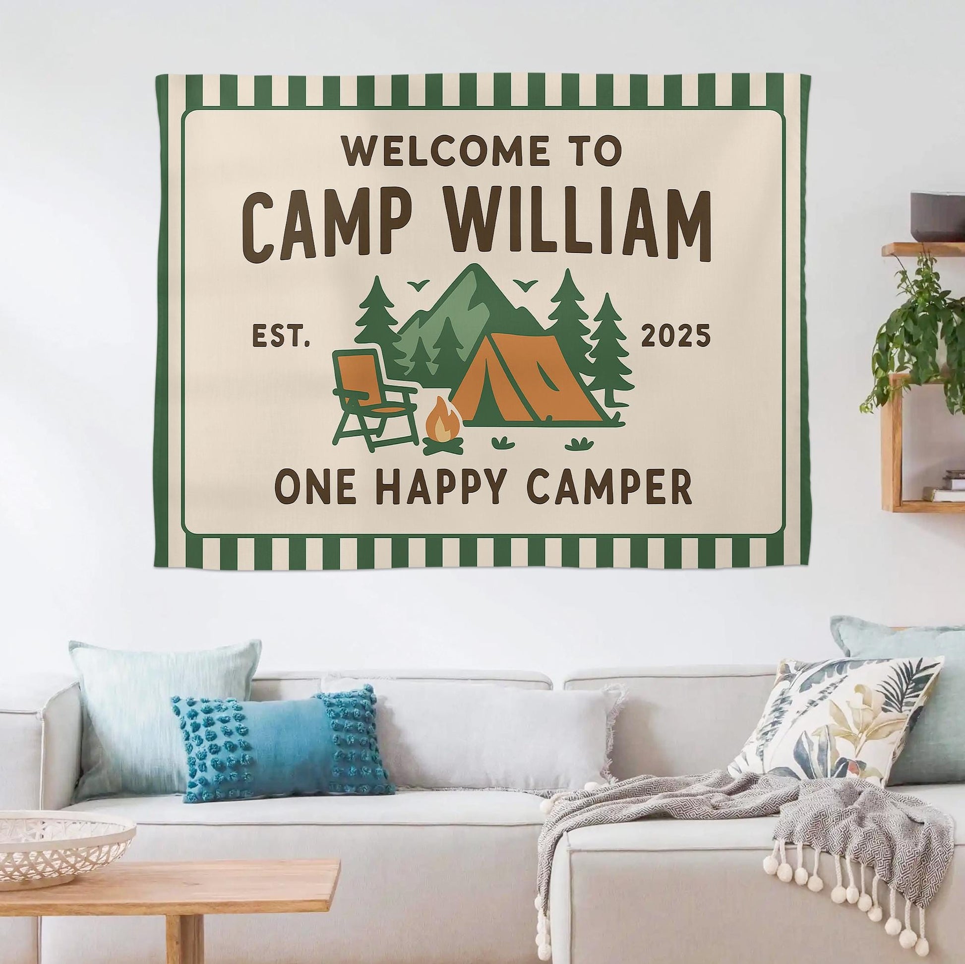 Custom Camp Birthday Tapestry – Personalized Camping Party Banner – Outdoor Adventure Decor – One Happy Camper Sign for Kids or Adults