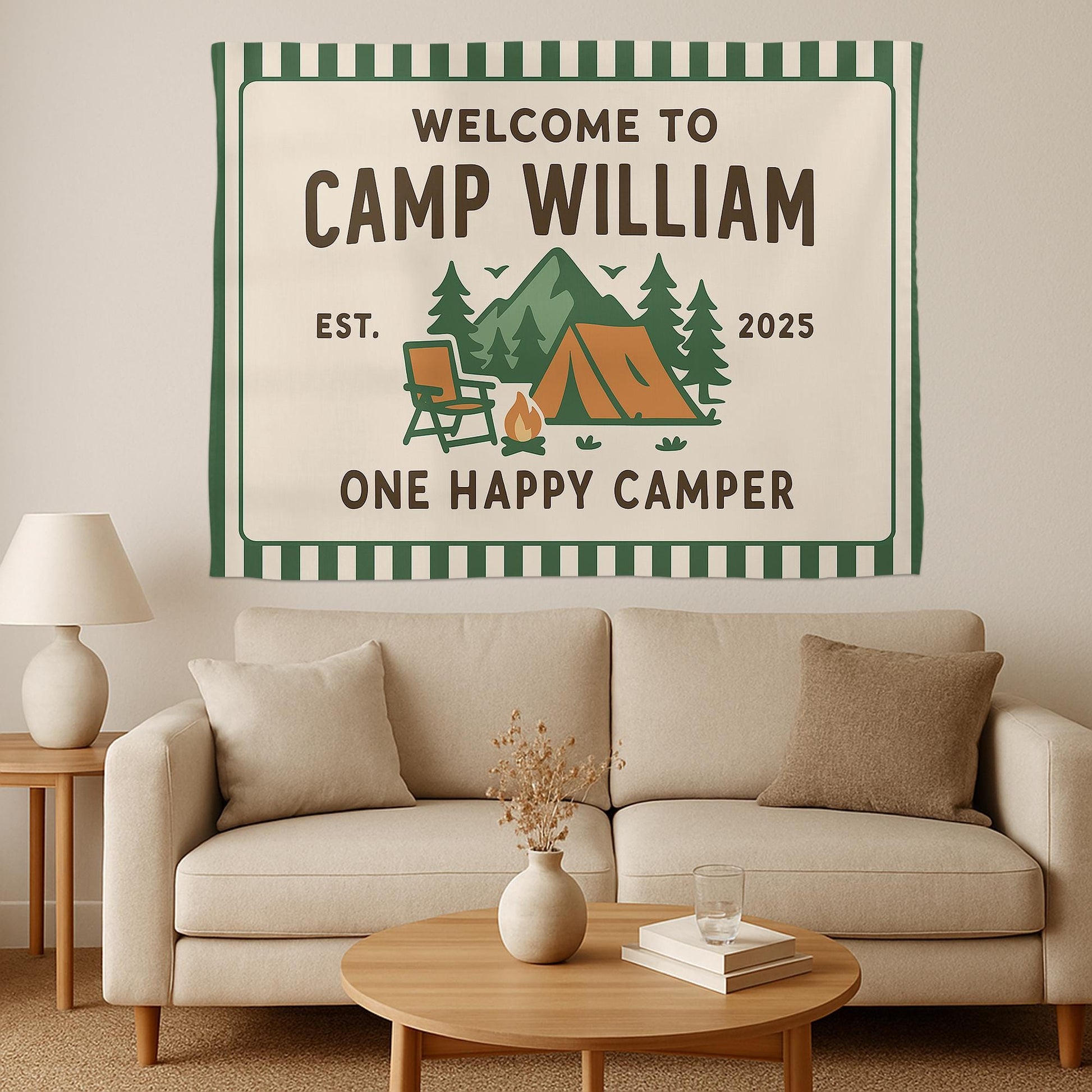 Custom Camp Birthday Tapestry – Personalized Camping Party Banner – Outdoor Adventure Decor – One Happy Camper Sign for Kids or Adults