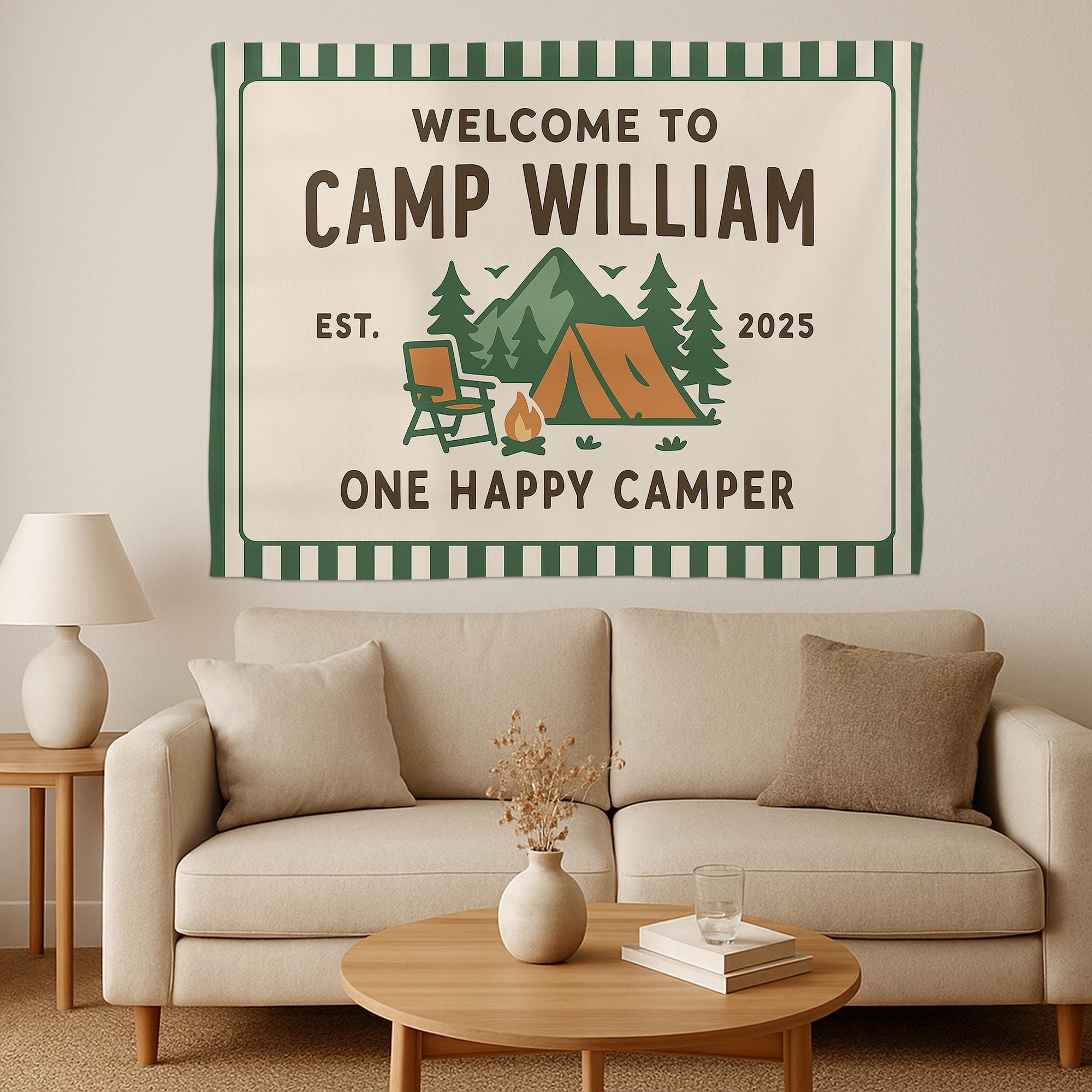 Custom Camp Birthday Tapestry – Personalized Camping Party Banner – Outdoor Adventure Decor – One Happy Camper Sign for Kids or Adults