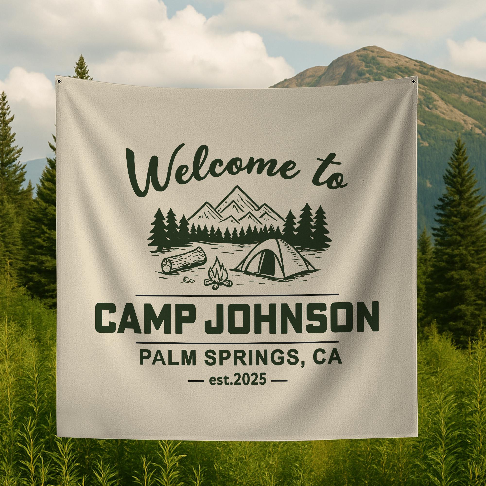 Custom Camp Tapestry | Personalized Camping Banner with Name & Location | Welcome to Camp Sign | Family Camp Trip Decor | Glamping Wall Art