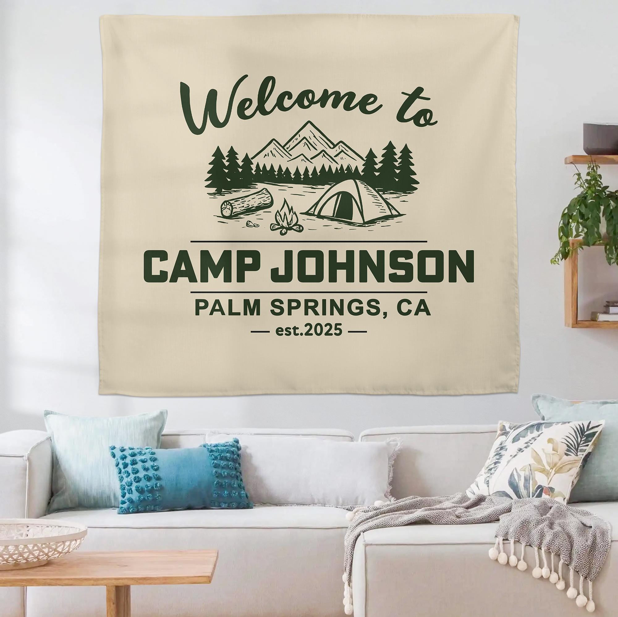 Custom Camp Tapestry | Personalized Camping Banner with Name & Location | Welcome to Camp Sign | Family Camp Trip Decor | Glamping Wall Art