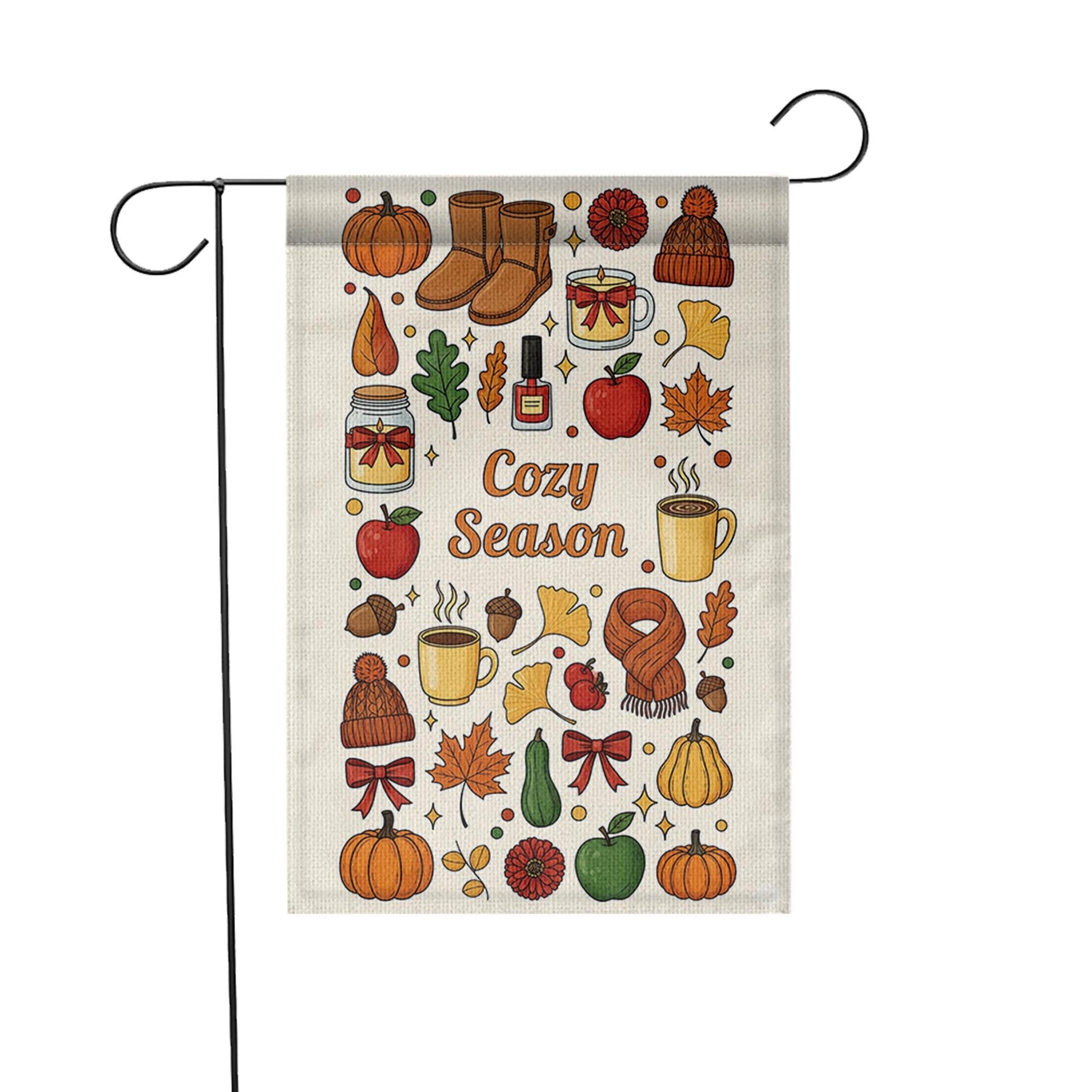 Cozy Season Fall Garden Flag – Autumn Outdoor Yard Decor with Pumpkins, Mugs & Leaves – Cute Thanksgiving Porch Decoration