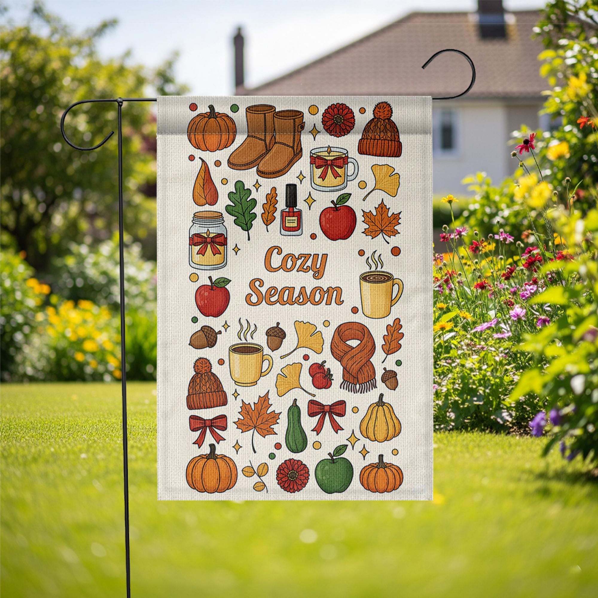 Cozy Season Fall Garden Flag – Autumn Outdoor Yard Decor with Pumpkins, Mugs & Leaves – Cute Thanksgiving Porch Decoration