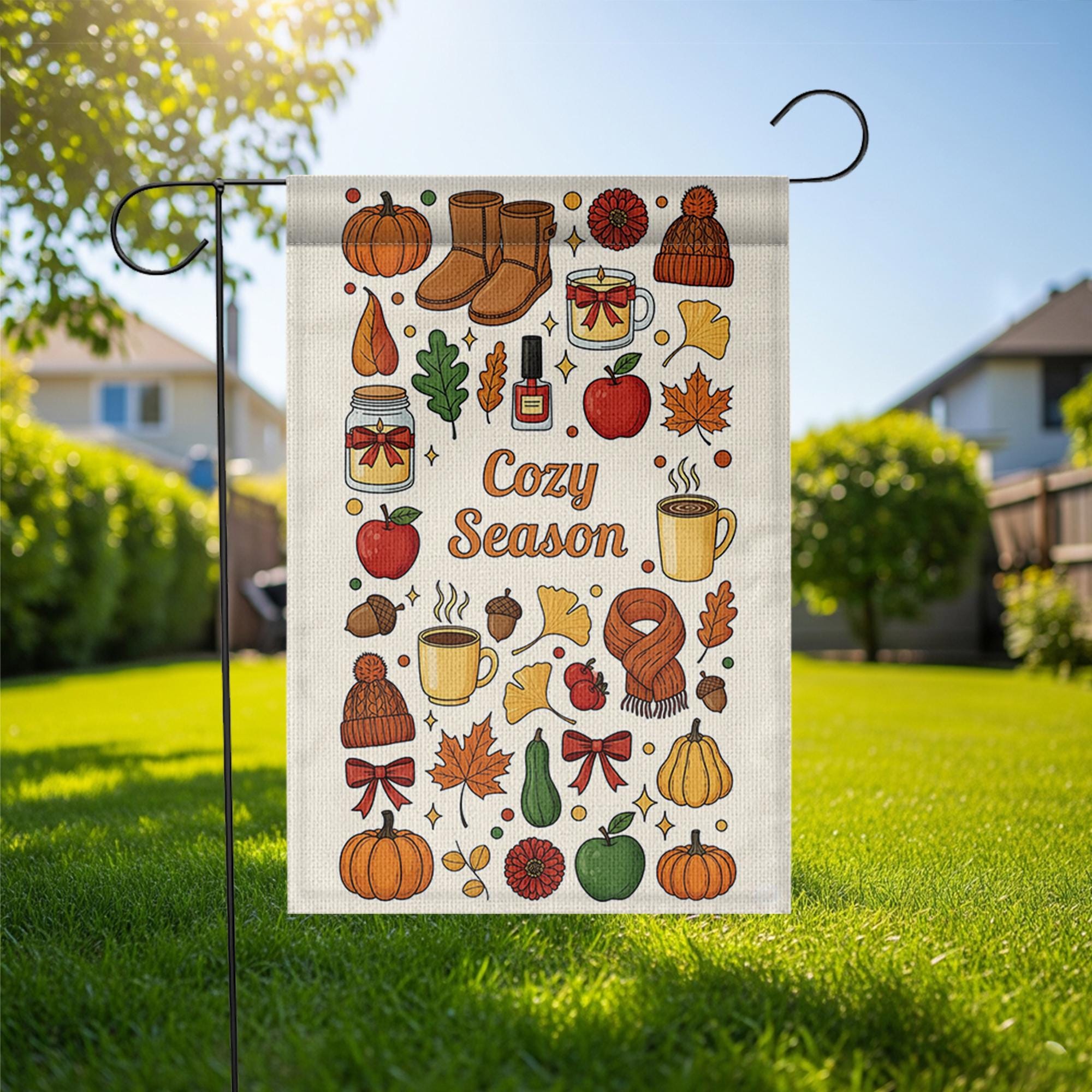 Cozy Season Fall Garden Flag – Autumn Outdoor Yard Decor with Pumpkins, Mugs & Leaves – Cute Thanksgiving Porch Decoration