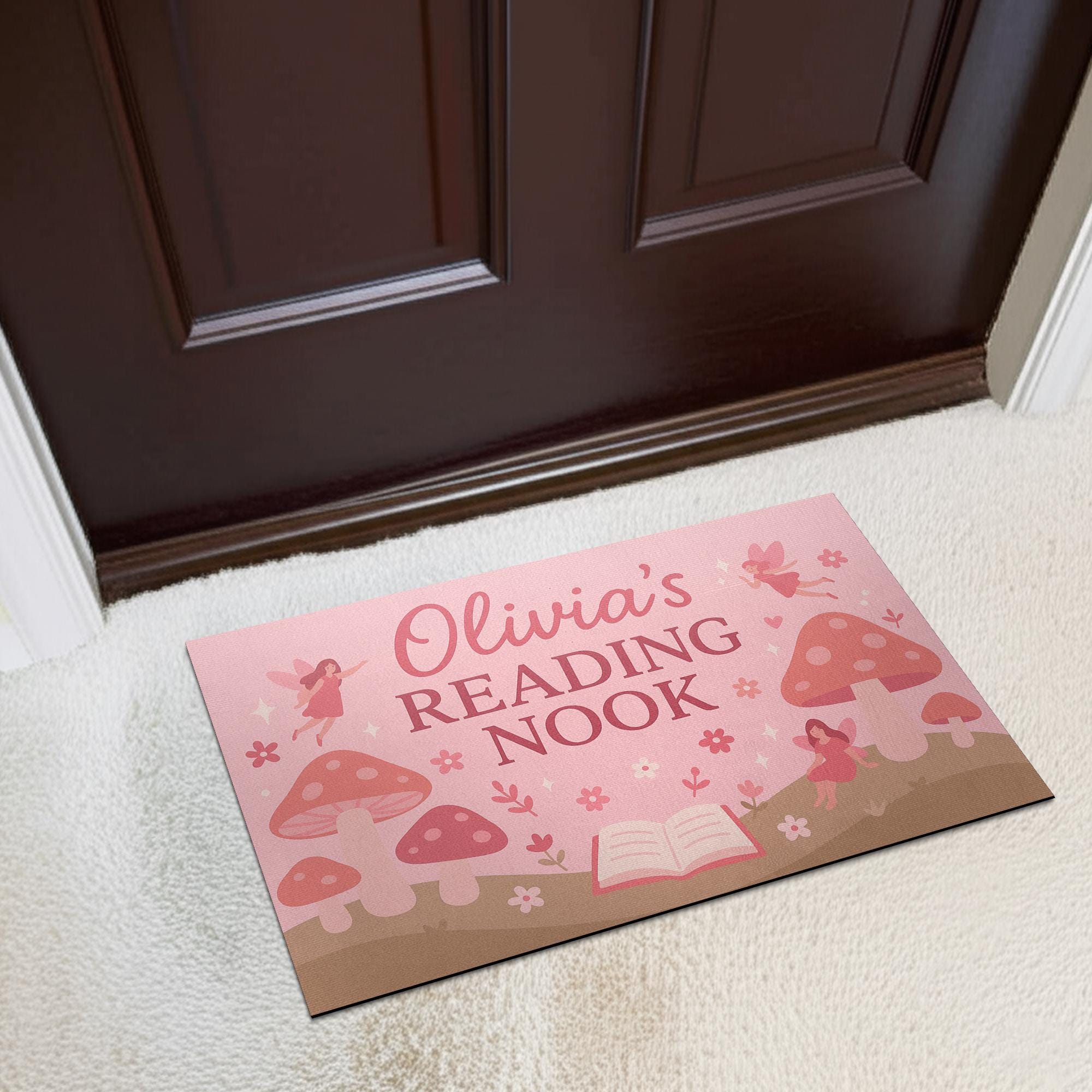 Personalized Reading Nook Doormat, Fairy Mushroom Rug for Kids, Custom Book Lover Gift, Girl’s Bedroom or Library Mat