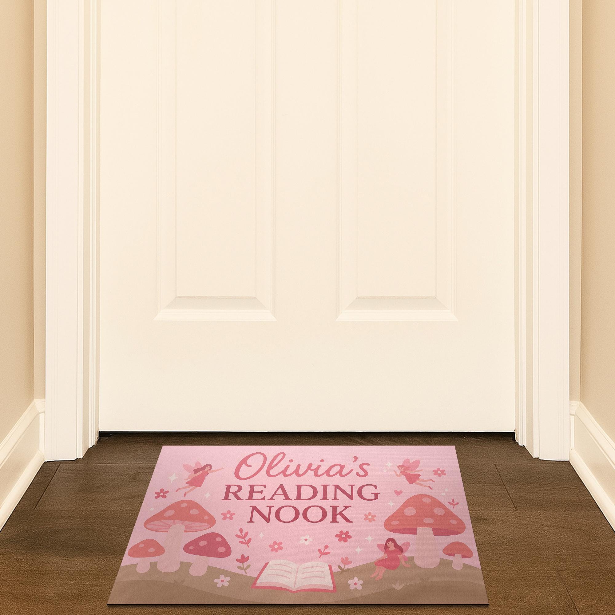 Personalized Reading Nook Doormat, Fairy Mushroom Rug for Kids, Custom Book Lover Gift, Girl’s Bedroom or Library Mat