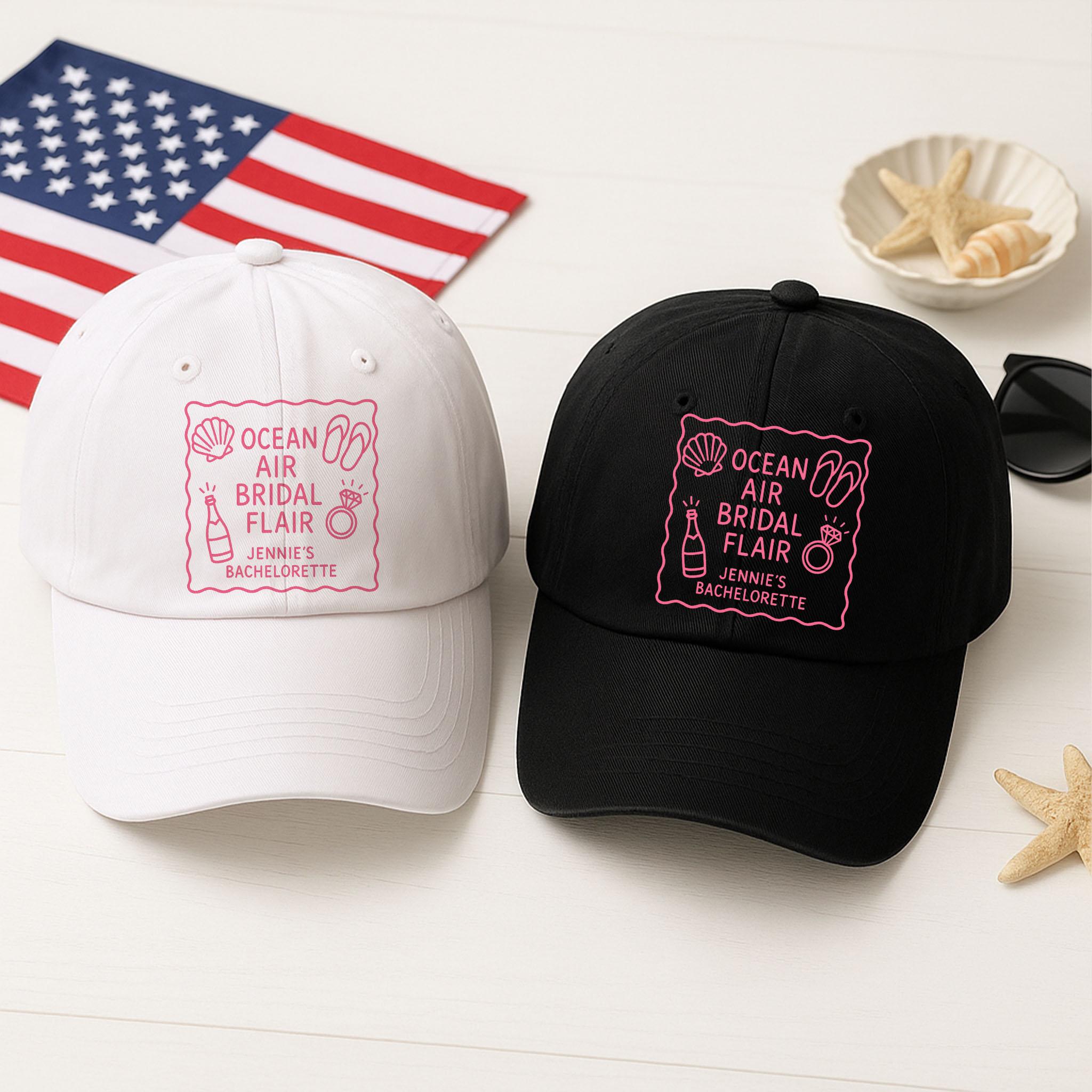 Custom Bachelorette Party Hat, Ocean Air Bridal Flair Cap, Beach Bride Hat, Summer Bachelorette Favor, Party Bridal Hat, Bride team hat