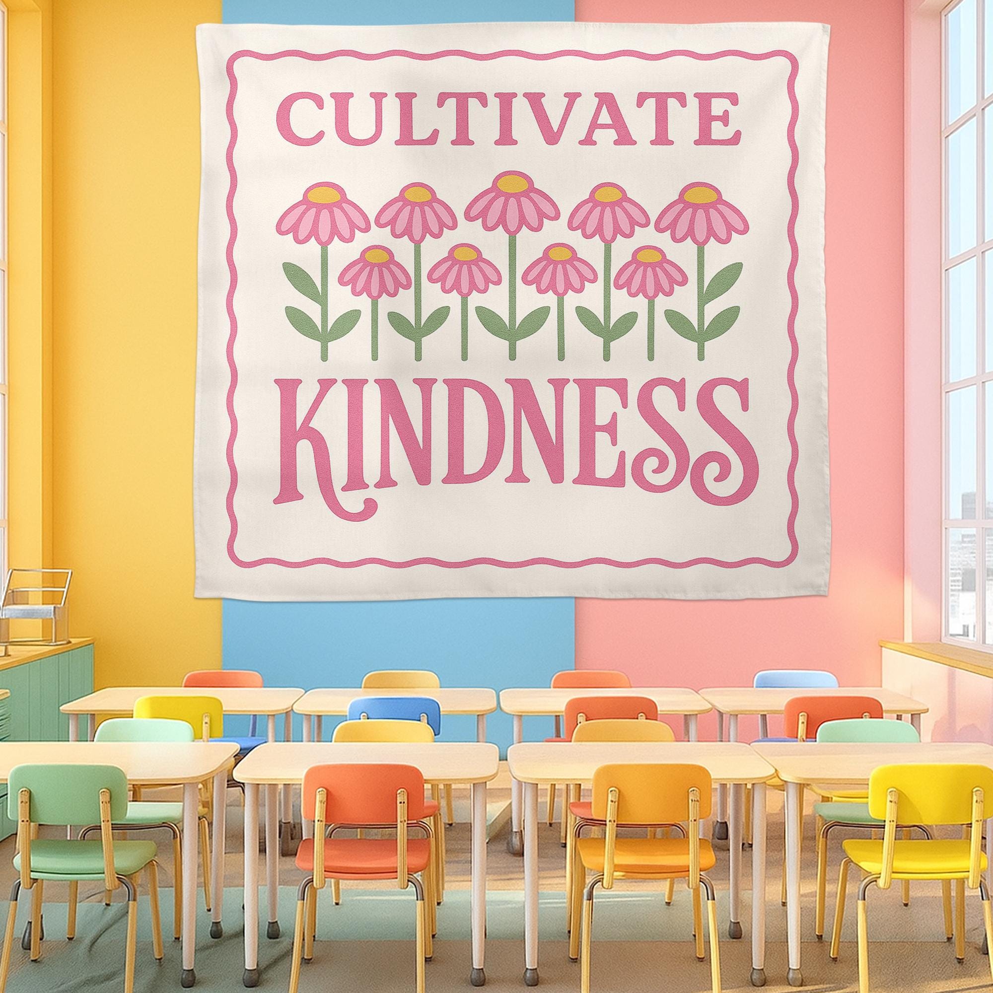 Cultivate Kindness Classroom Tapestry, Inspirational Teacher Wall Banner, Floral Motivational Decor, Kindness Quote School Sign