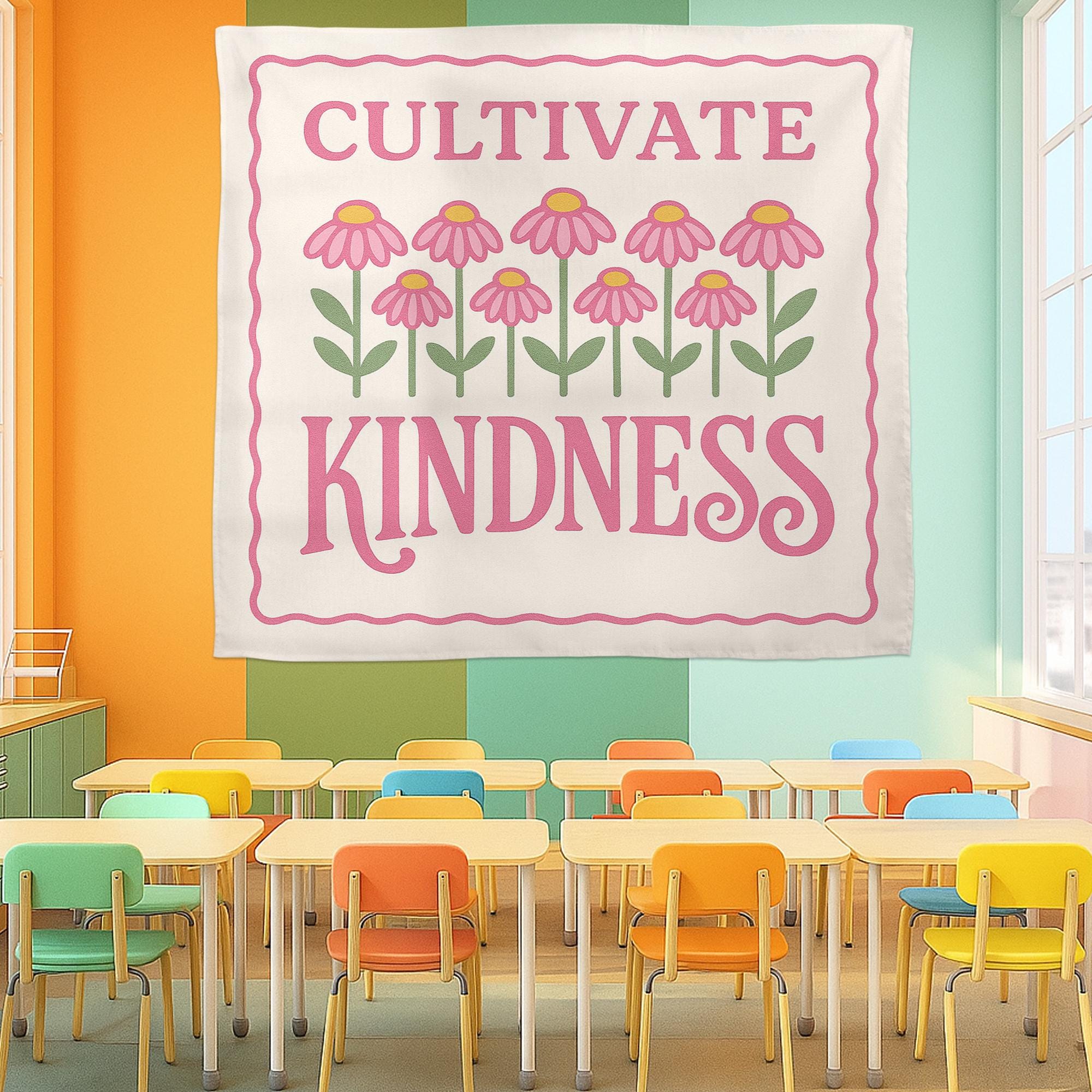 Cultivate Kindness Classroom Tapestry, Inspirational Teacher Wall Banner, Floral Motivational Decor, Kindness Quote School Sign