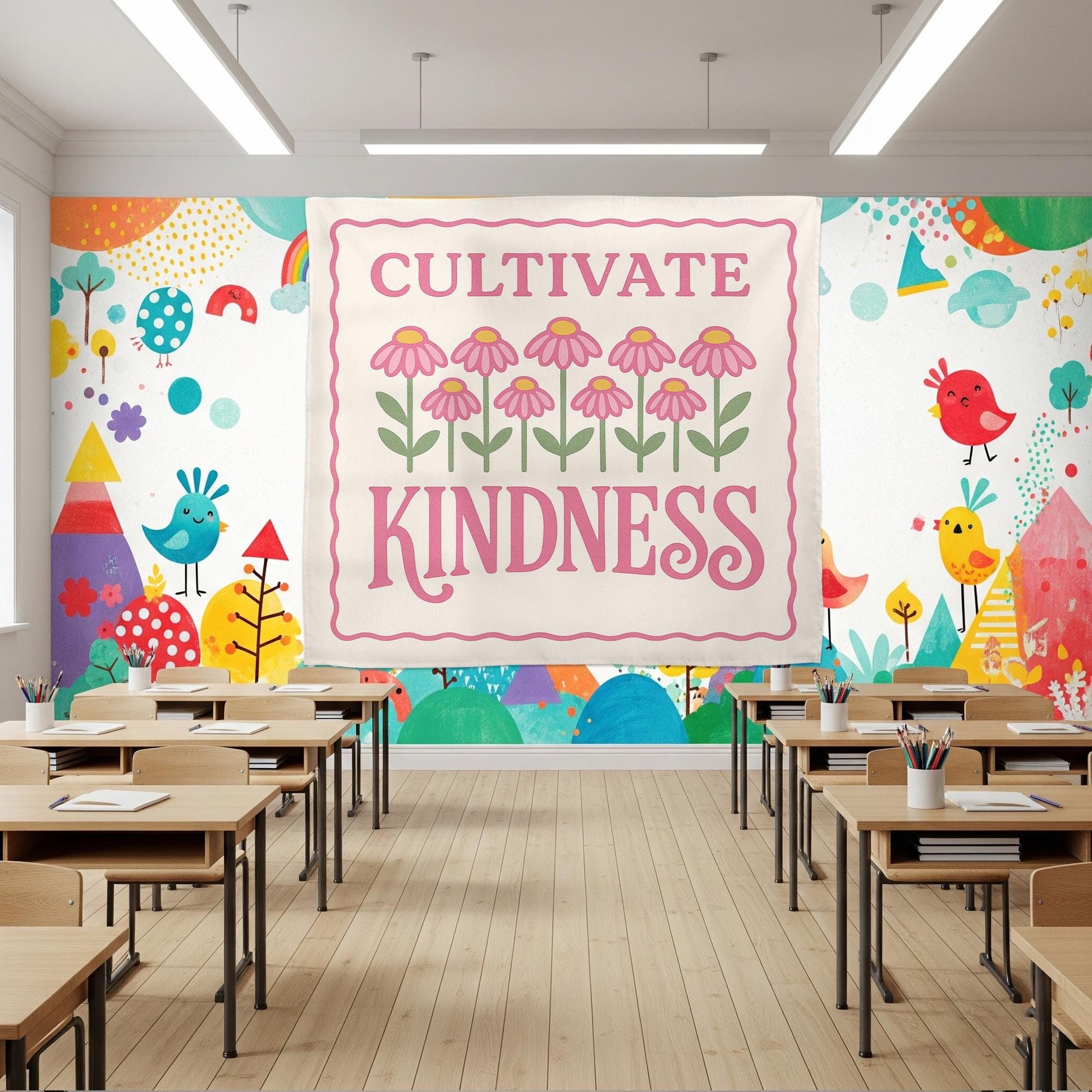 Cultivate Kindness Classroom Tapestry, Inspirational Teacher Wall Banner, Floral Motivational Decor, Kindness Quote School Sign