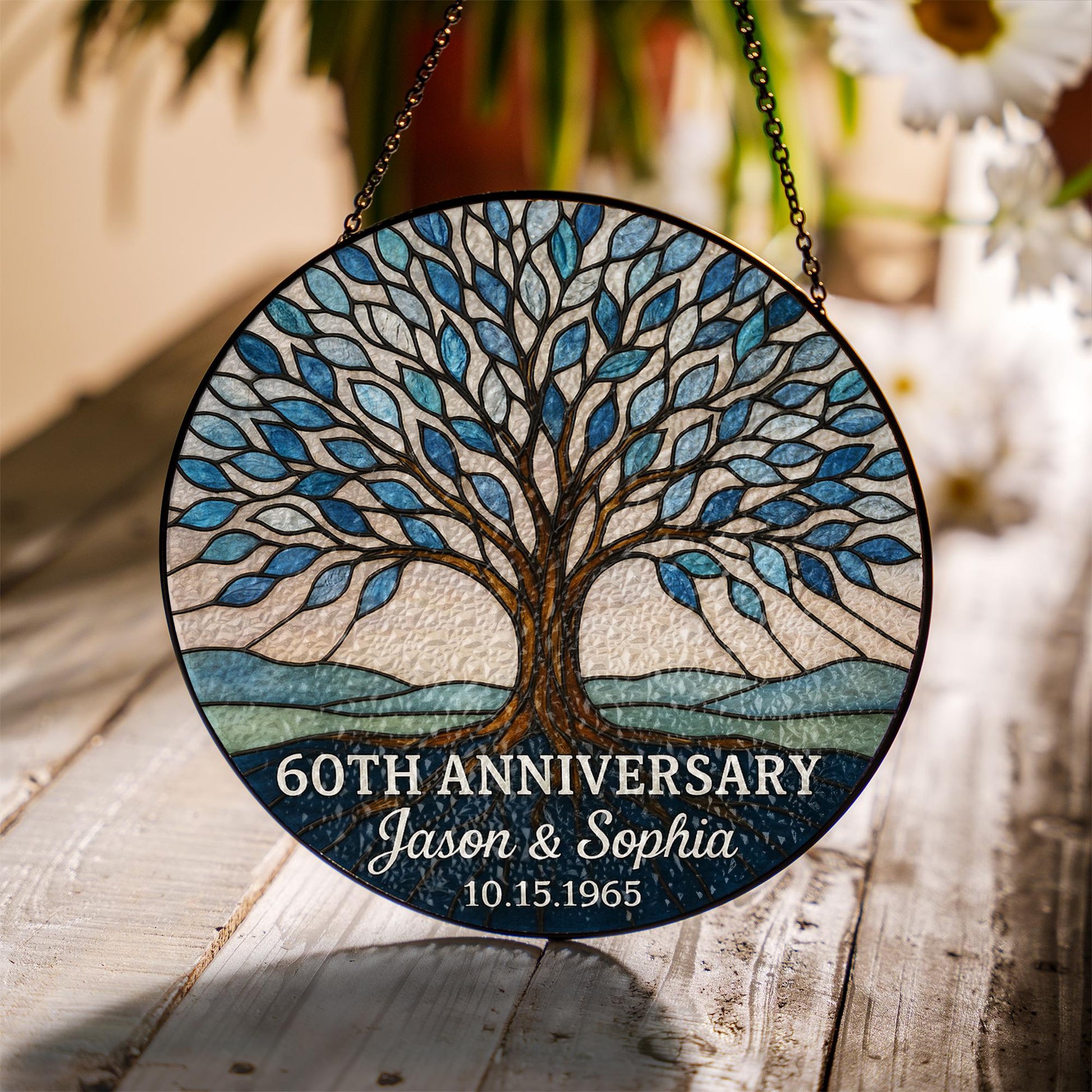 Custom Anniversary Tree Suncatcher, Personalized Glass Gift, Family Tree Sun Catcher, 60th Anniversary Gift for Parents