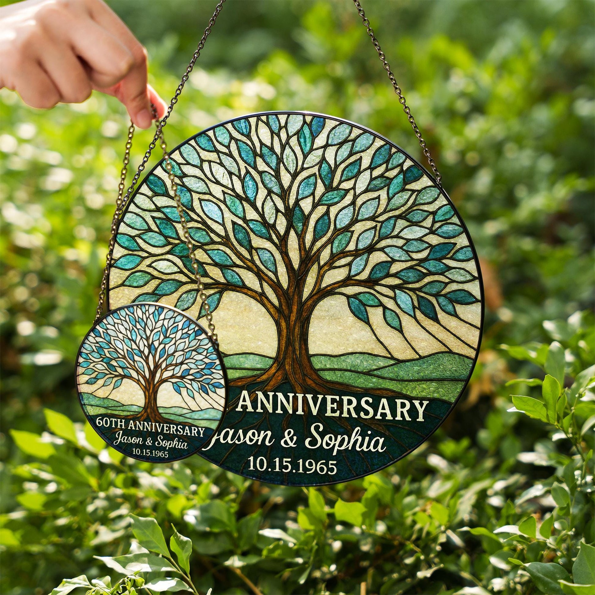 Custom Anniversary Tree Suncatcher, Personalized Glass Gift, Family Tree Sun Catcher, 60th Anniversary Gift for Parents