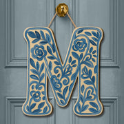 Custom Chinoiserie Monogram Letter Door Hanger, Blue Floral Initial Sign, Personalized Entryway Decor, Cottagecore Porch Gift