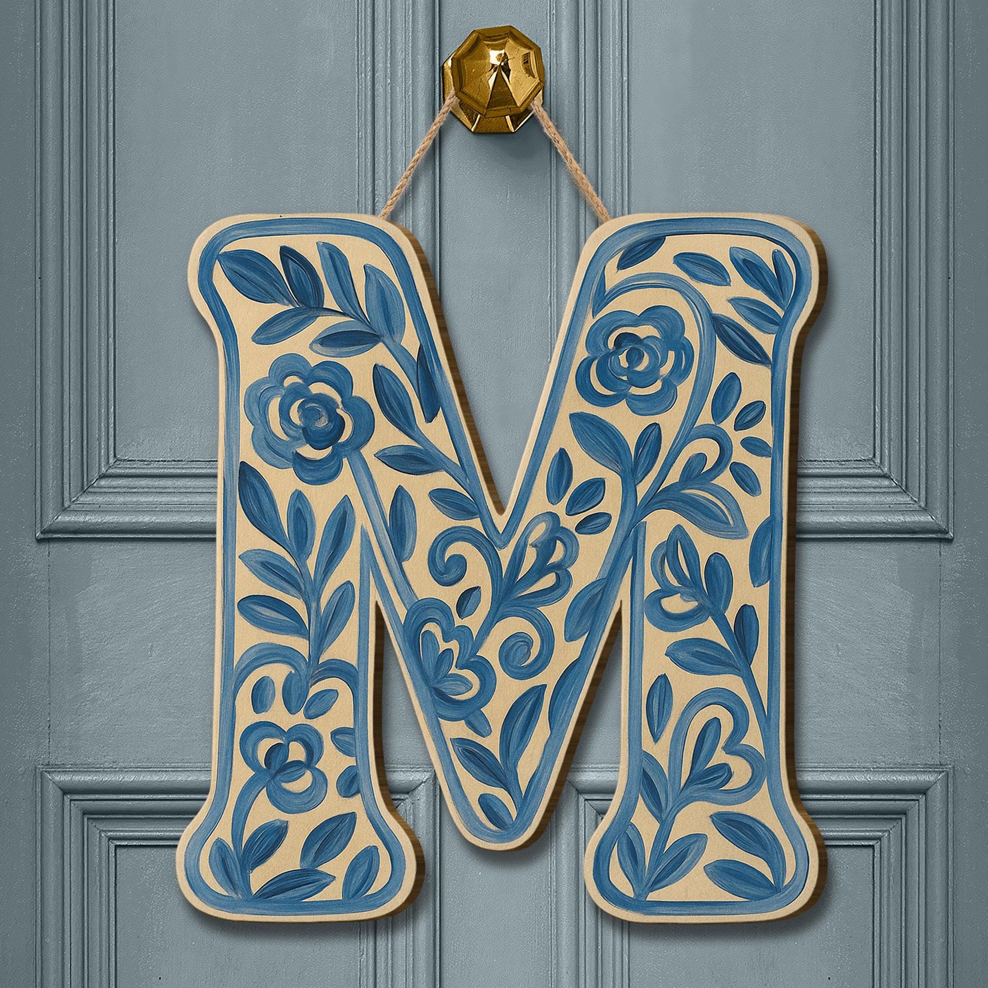 Custom Chinoiserie Monogram Letter Door Hanger, Blue Floral Initial Sign, Personalized Entryway Decor, Cottagecore Porch Gift