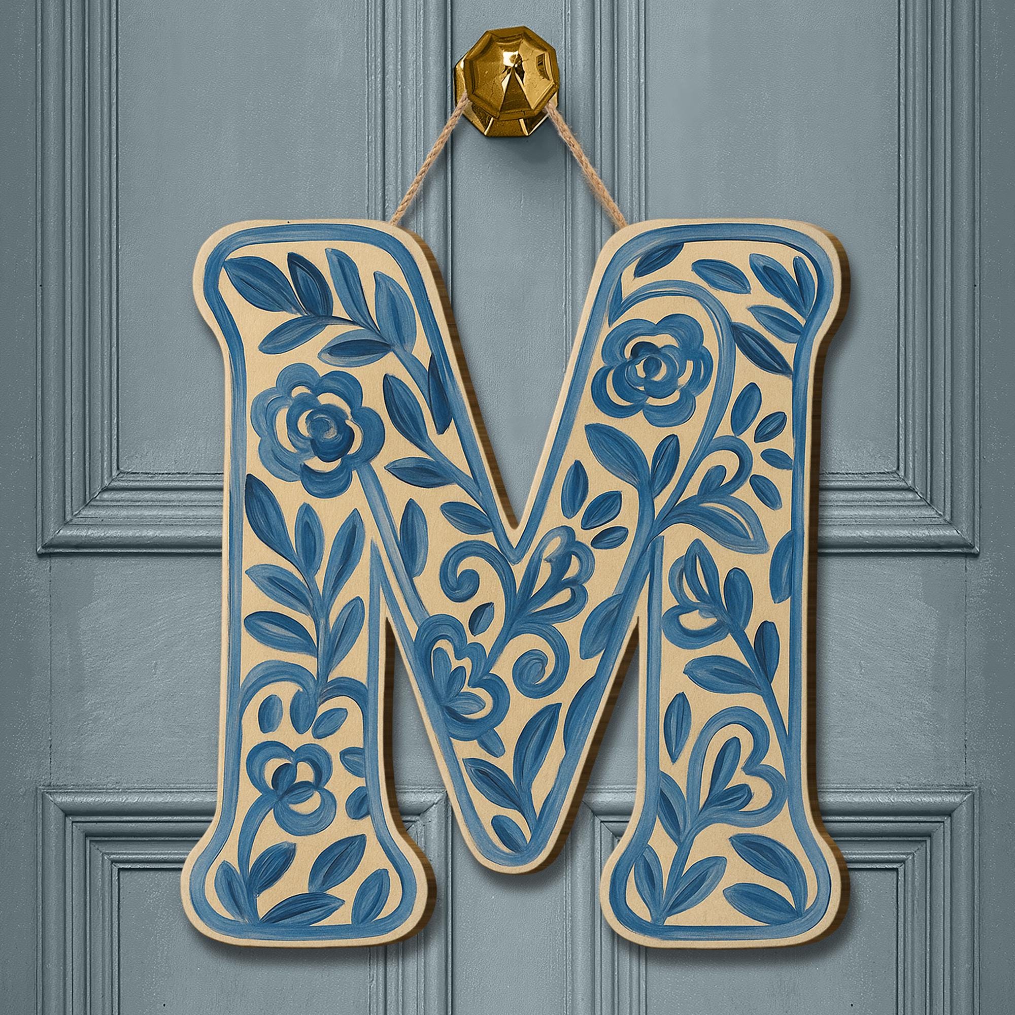Custom Chinoiserie Monogram Letter Door Hanger, Blue Floral Initial Sign, Personalized Entryway Decor, Cottagecore Porch Gift