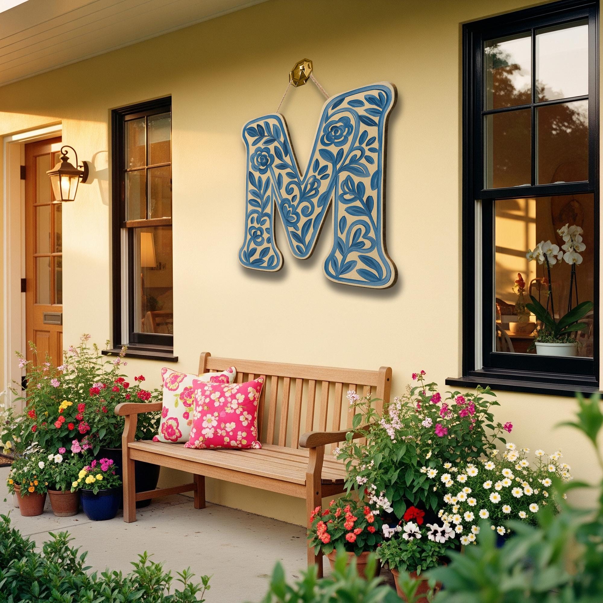 Custom Chinoiserie Monogram Letter Door Hanger, Blue Floral Initial Sign, Personalized Entryway Decor, Cottagecore Porch Gift