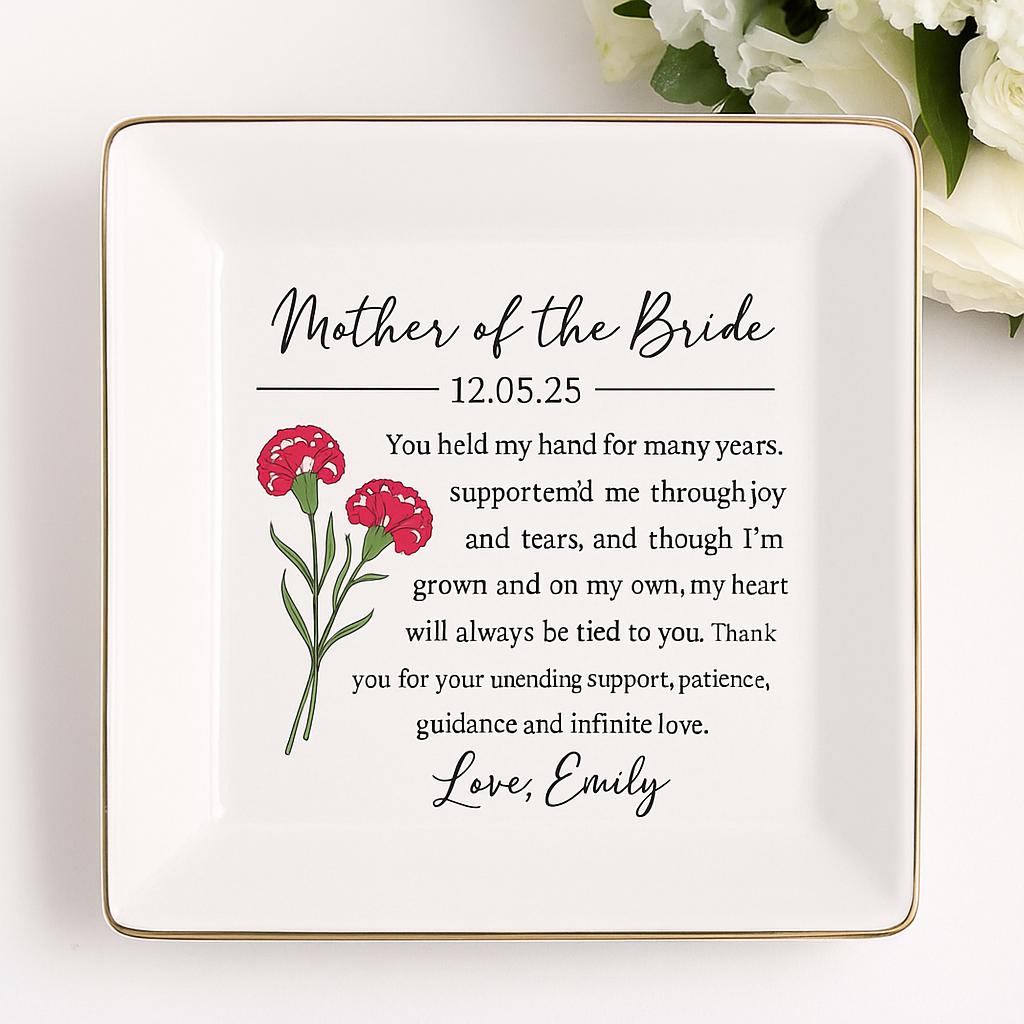 Custom Birth Flower Ceramic Jewelry Tray, Mother of the Bride Gift, Heart Wedding Ring Tray with Message, Personalized Floral Keepsake