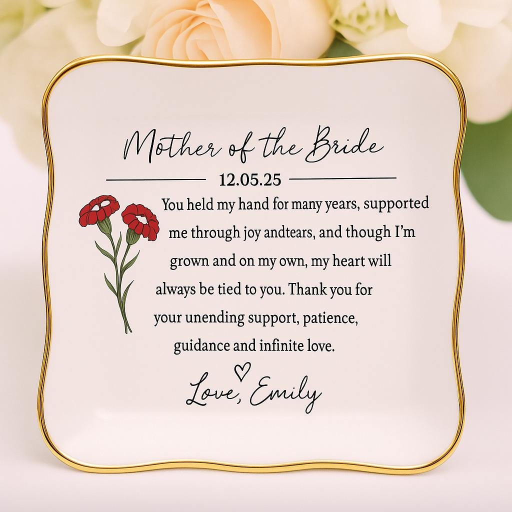 Custom Birth Flower Ceramic Jewelry Tray, Mother of the Bride Gift, Heart Wedding Ring Tray with Message, Personalized Floral Keepsake