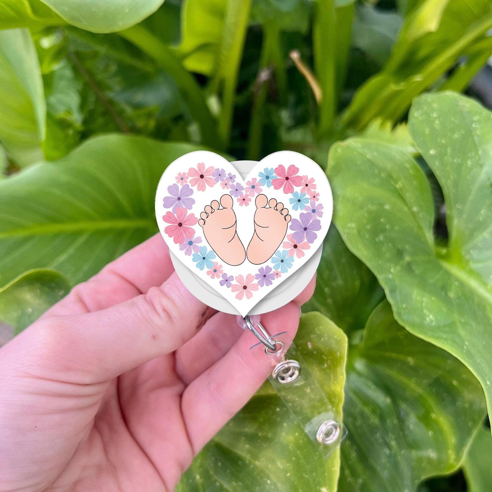 Baby Feet Badge Reel | Heart Floral ID Holder for NICU Nurses | OB Maternity Name Tag Clip | Cute Baby Shower Gift for Medical Staff