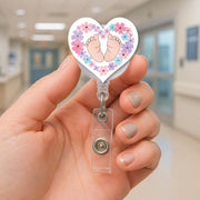 Baby Feet Badge Reel | Heart Floral ID Holder for NICU Nurses | OB Maternity Name Tag Clip | Cute Baby Shower Gift for Medical Staff