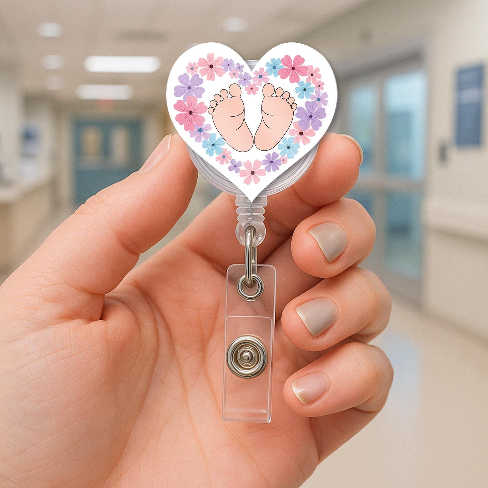 Baby Feet Badge Reel | Heart Floral ID Holder for NICU Nurses | OB Maternity Name Tag Clip | Cute Baby Shower Gift for Medical Staff
