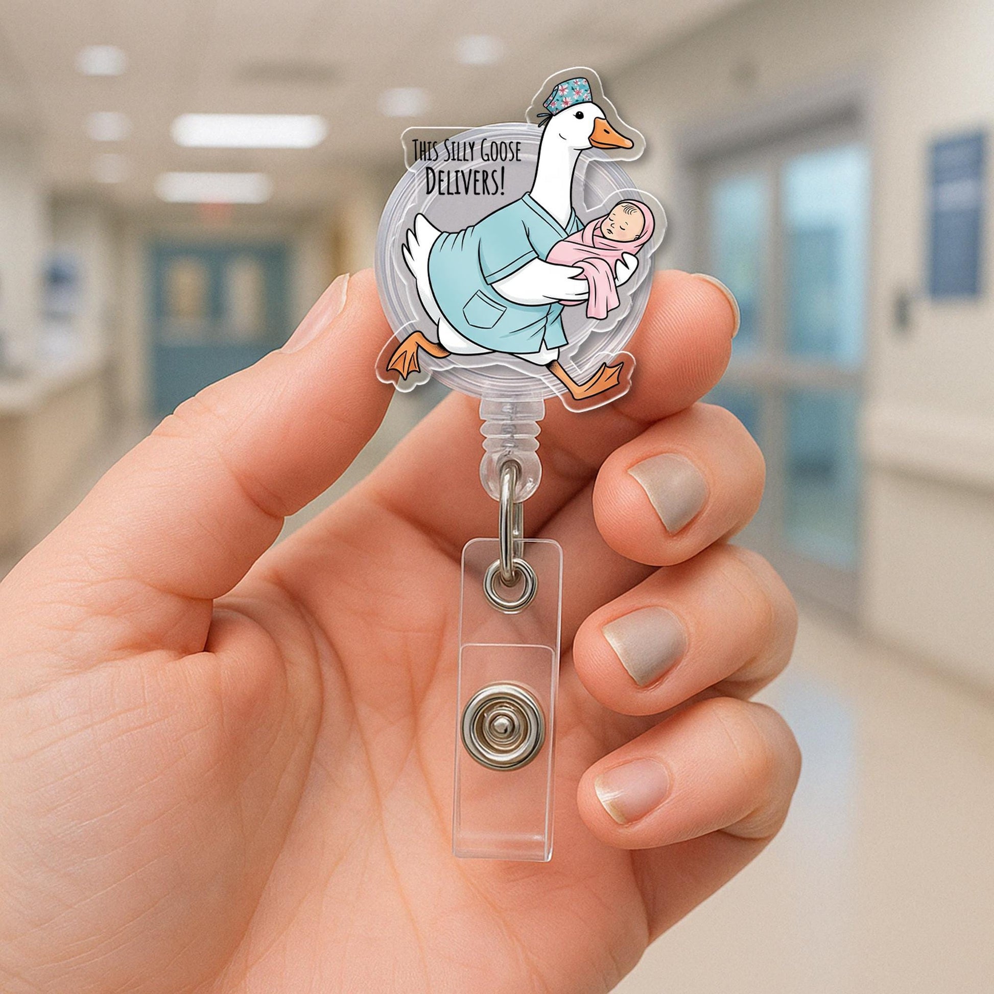 Silly Goose Delivers Badge Reel | Funny OB Nurse ID Holder | Labor & Delivery Name Tag Clip | Maternity Hospital Gift for Midwife or RN