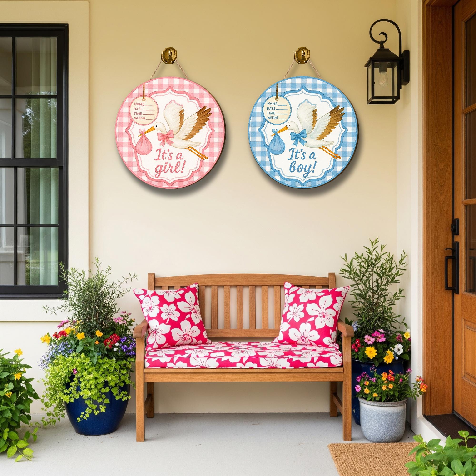 It's a Girl or It's a Boy Stork Door Sign | Baby Announcement Hanging Decor with Gingham Border, Birth Info Tag for Nursery or Shower