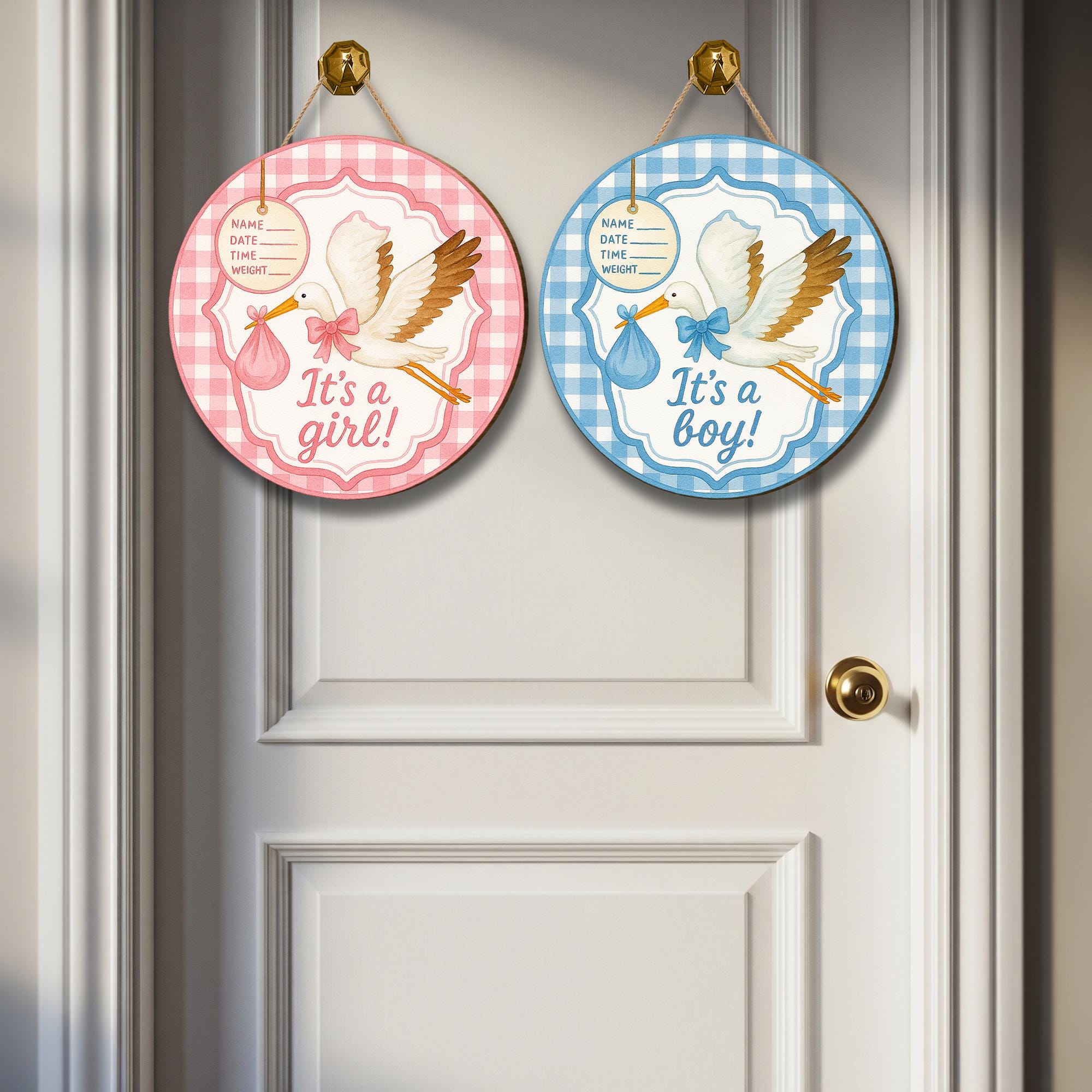 It's a Girl or It's a Boy Stork Door Sign | Baby Announcement Hanging Decor with Gingham Border, Birth Info Tag for Nursery or Shower