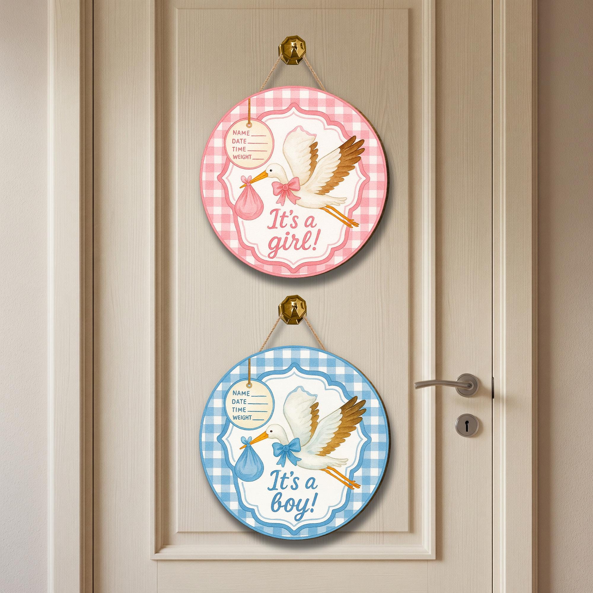 It's a Girl or It's a Boy Stork Door Sign | Baby Announcement Hanging Decor with Gingham Border, Birth Info Tag for Nursery or Shower