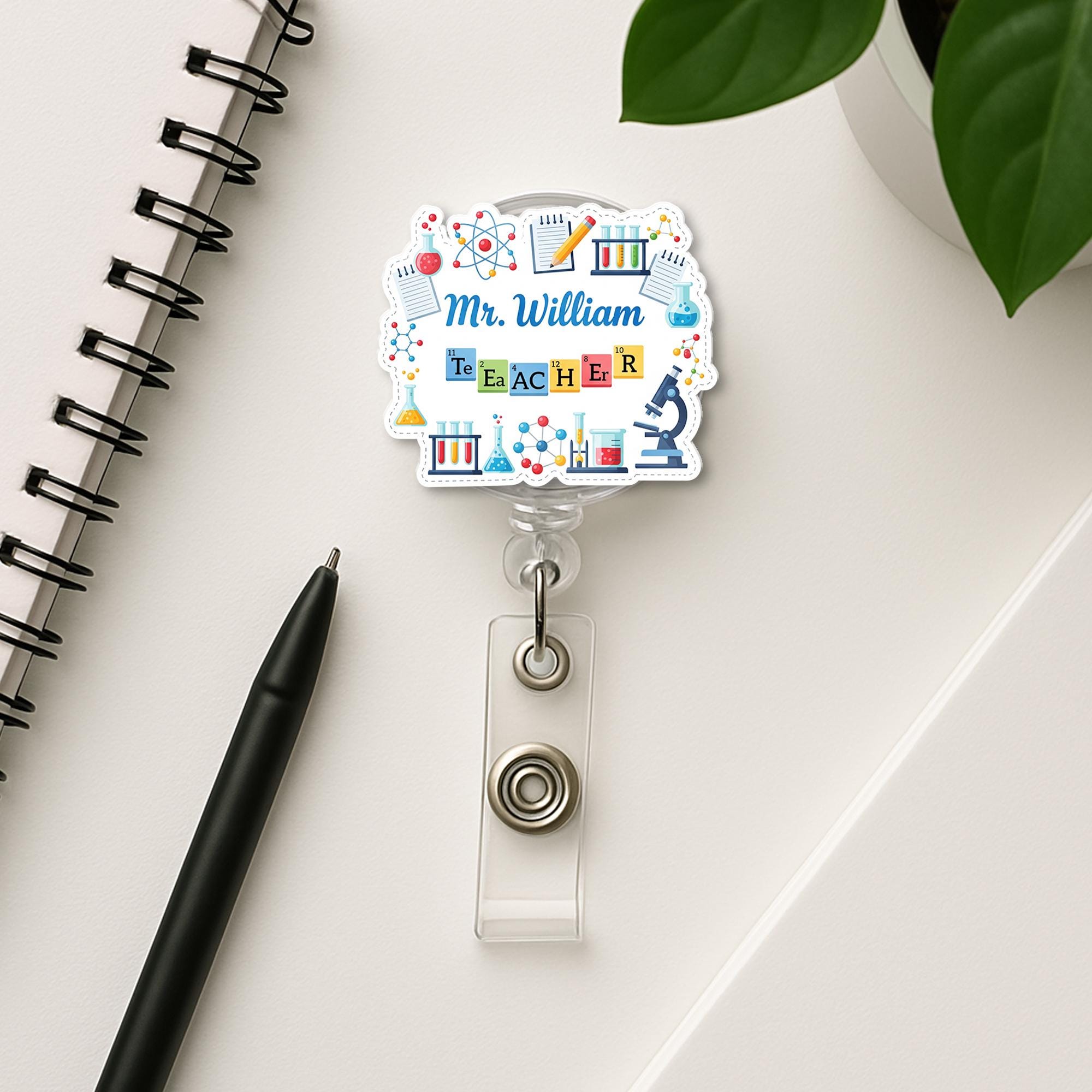 Personalized Science Teacher Badge Reel | Custom Name ID Holder with Chemistry Icons | Back to School Gift for STEM Educators, Teachers