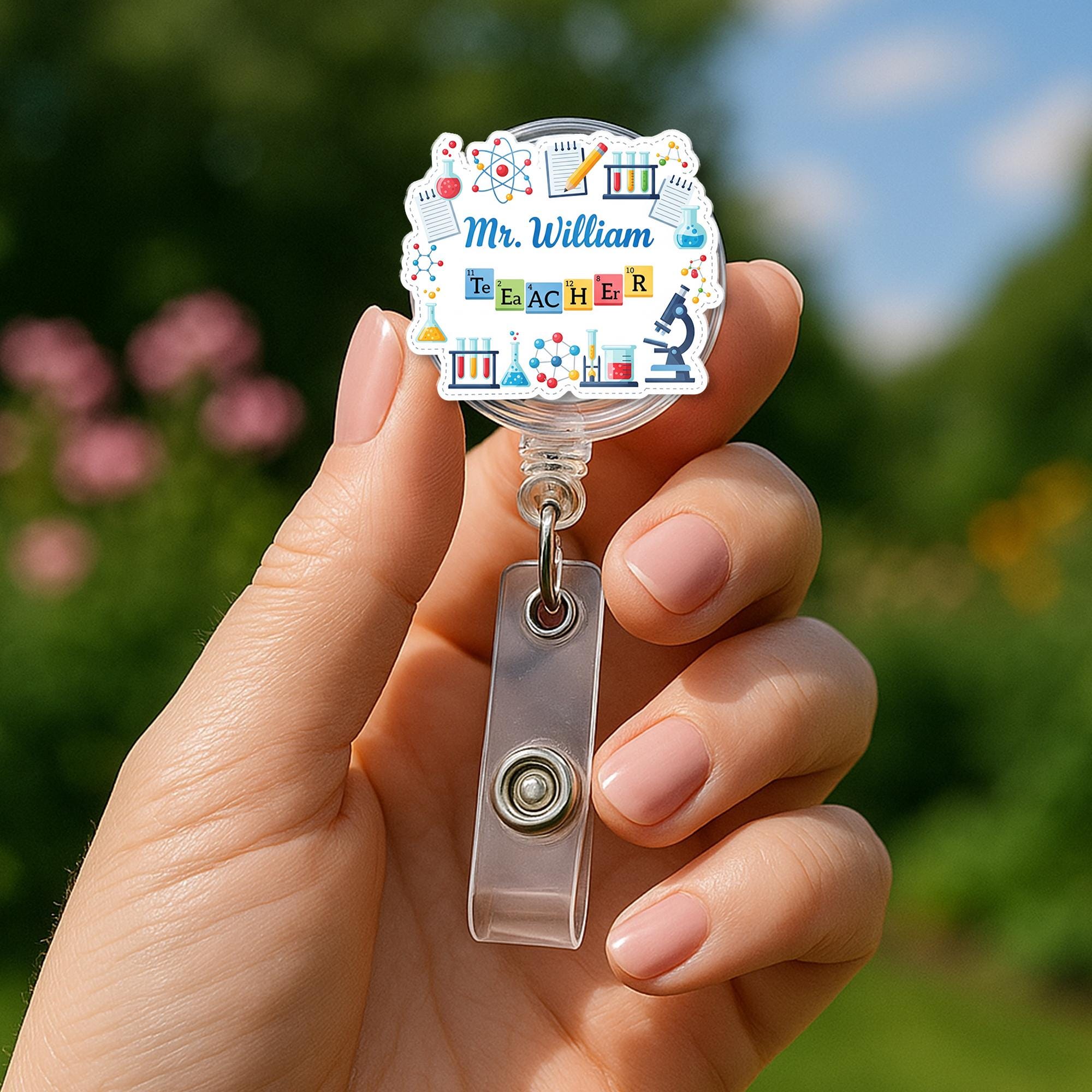 Personalized Science Teacher Badge Reel | Custom Name ID Holder with Chemistry Icons | Back to School Gift for STEM Educators, Teachers