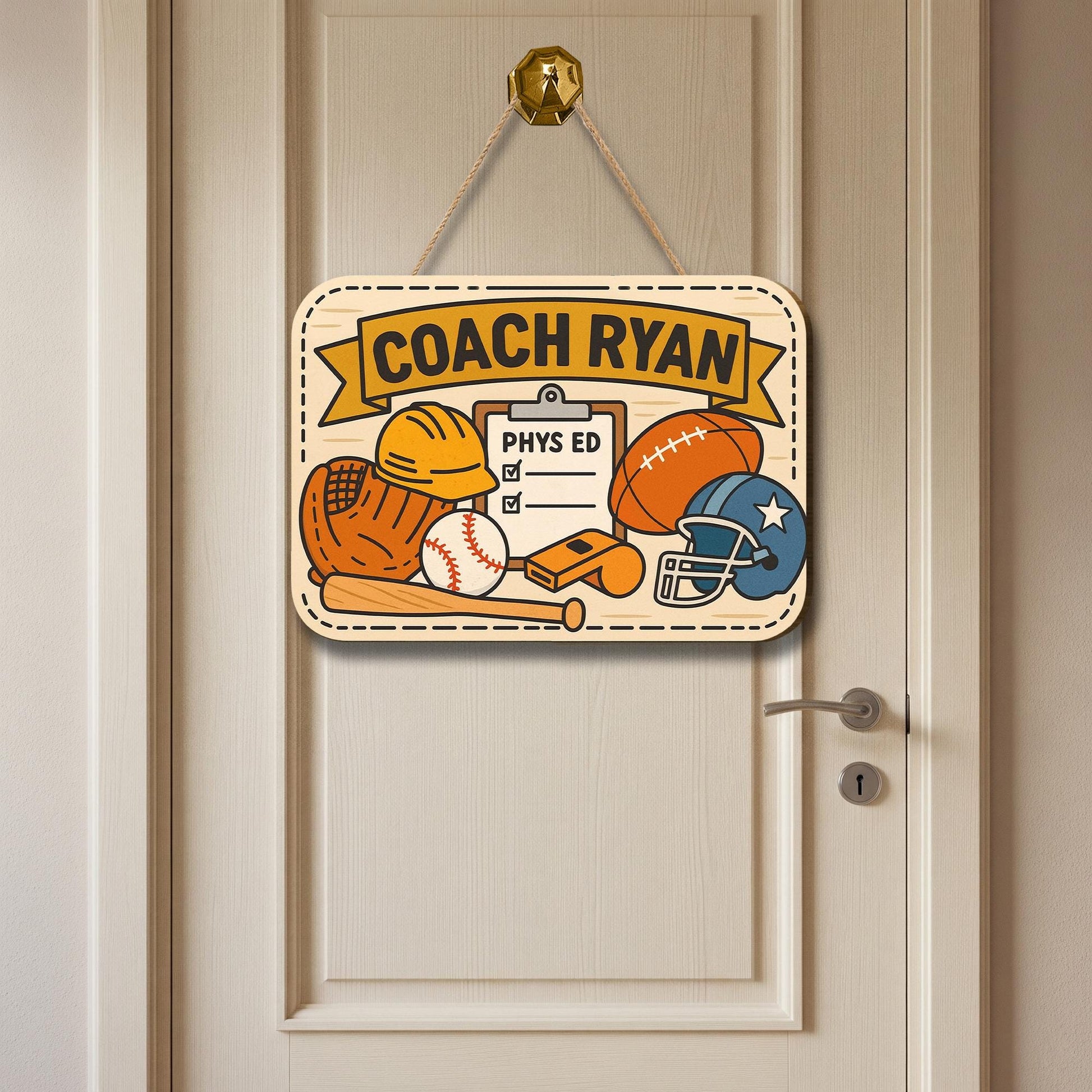 Personalized Coach PE Door Sign | Sports Theme Classroom Decor for Phys Ed Teacher | Custom Athletic Office Wall Sign, Back To School Decor