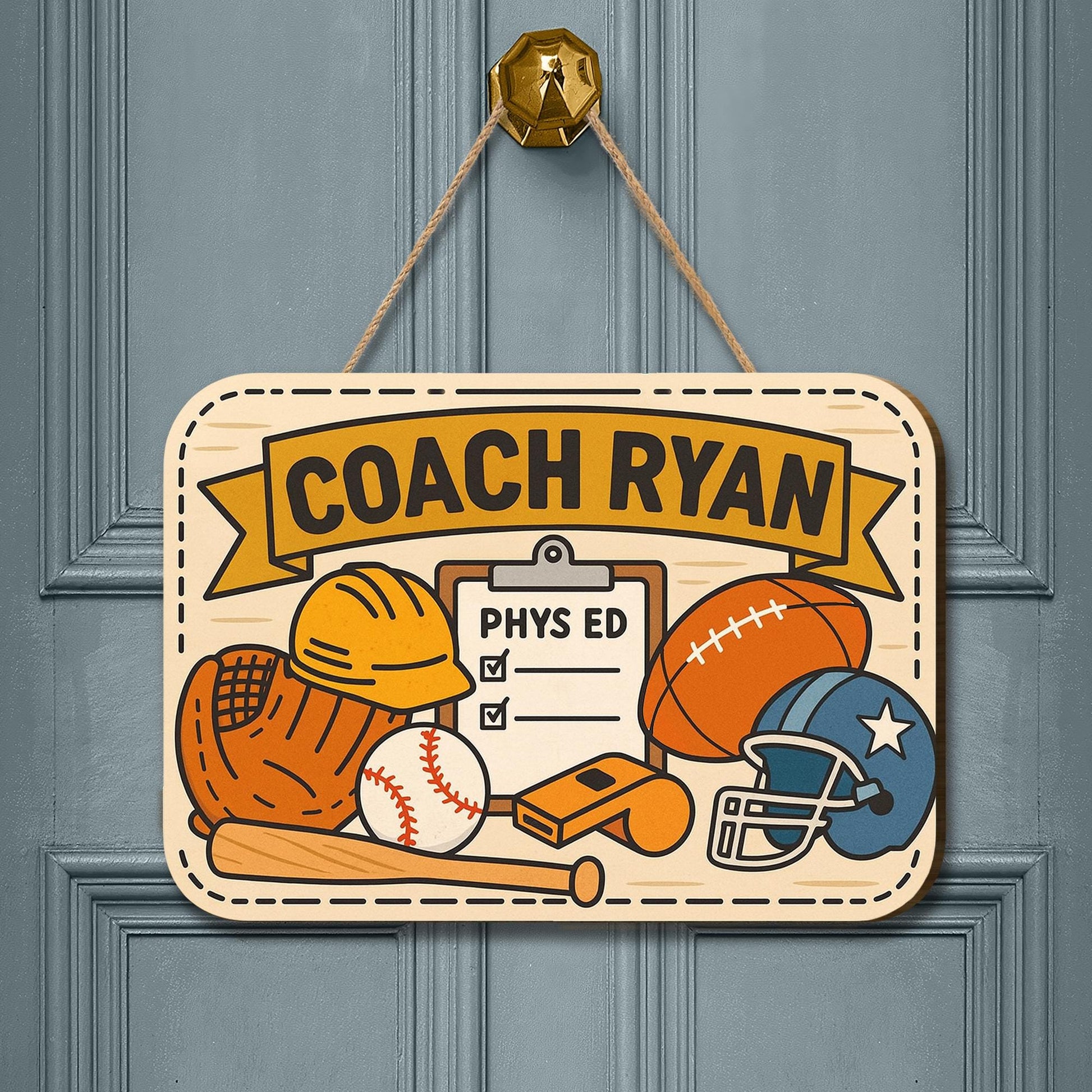 Personalized Coach PE Door Sign | Sports Theme Classroom Decor for Phys Ed Teacher | Custom Athletic Office Wall Sign, Back To School Decor