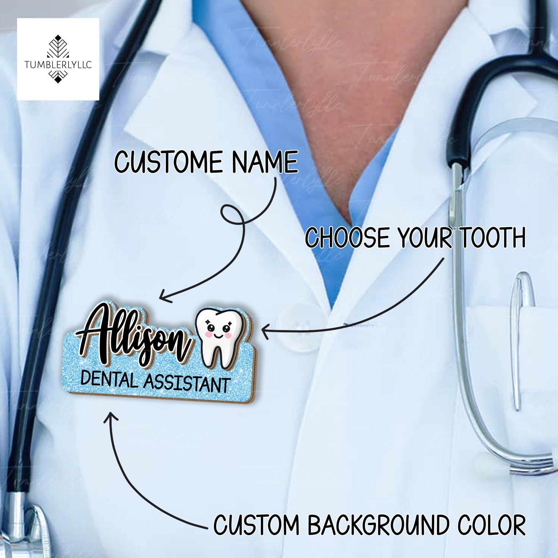 Custom Dental Assistant Name Tag, Cute Tooth Magnetic Badge, Personalized Dentist Office ID Tag, faux glitter Hygienist custom title Gift