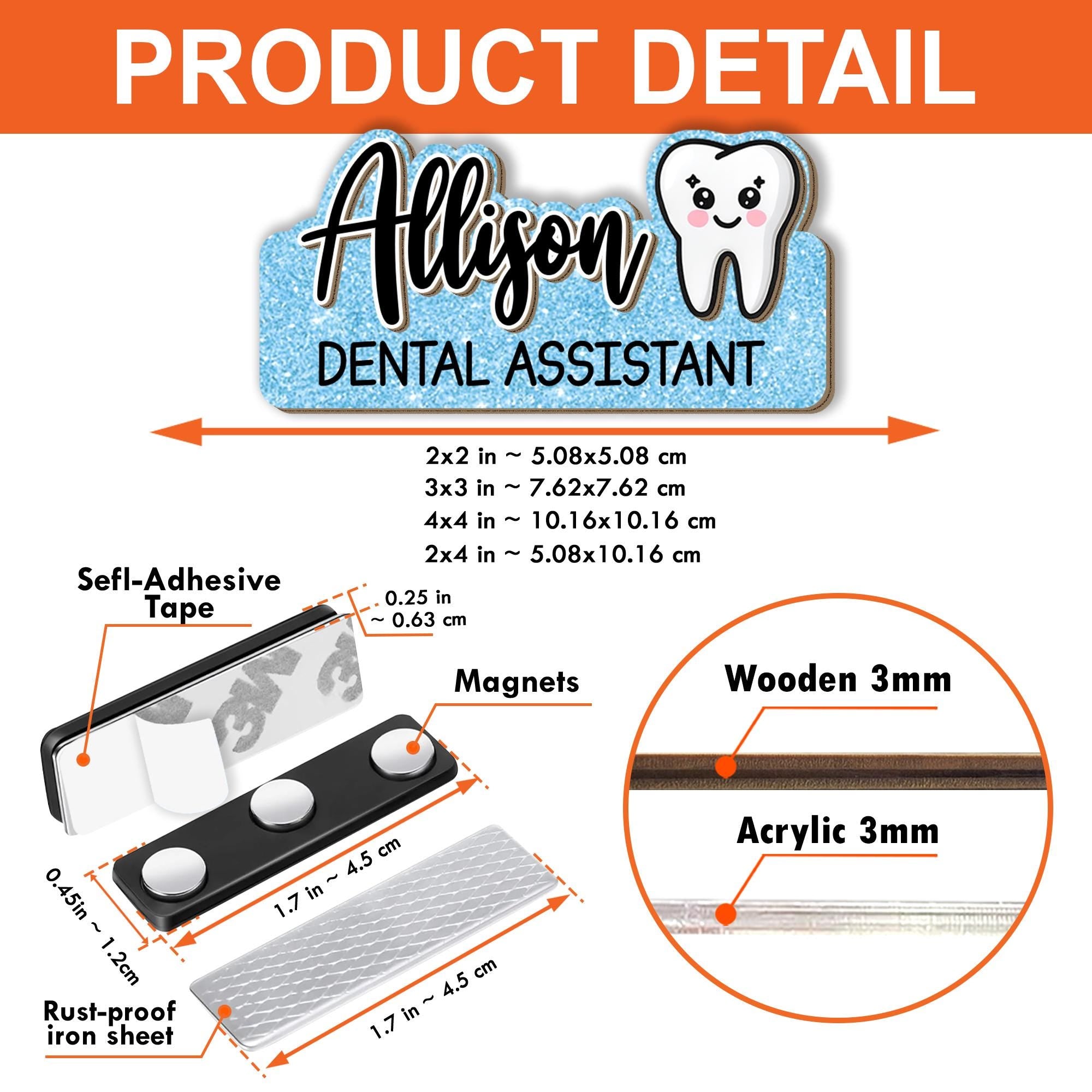 Custom Dental Assistant Name Tag, Cute Tooth Magnetic Badge, Personalized Dentist Office ID Tag, faux glitter Hygienist custom title Gift