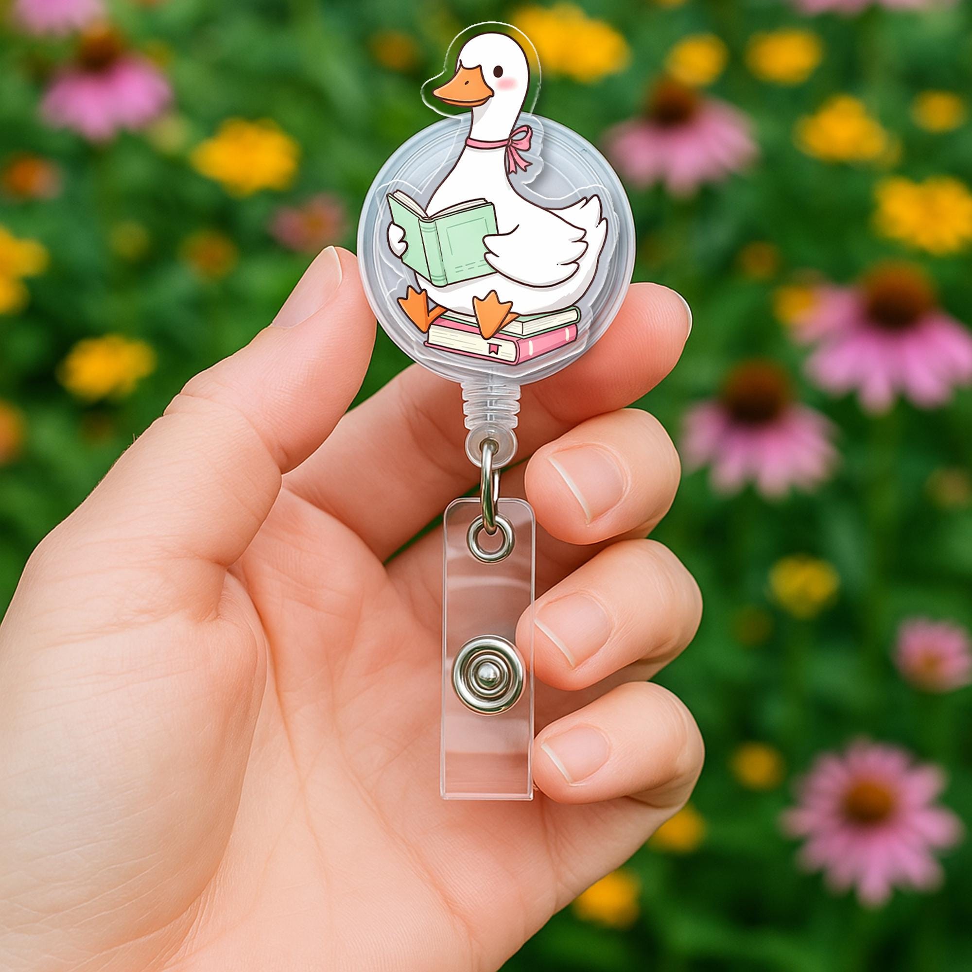 Coquette Silly Goose Badge Reel, Cute Bookish Duck ID Holder, Pink Bow Teacher Gift, Aesthetic Librarian Badge Clip for Her