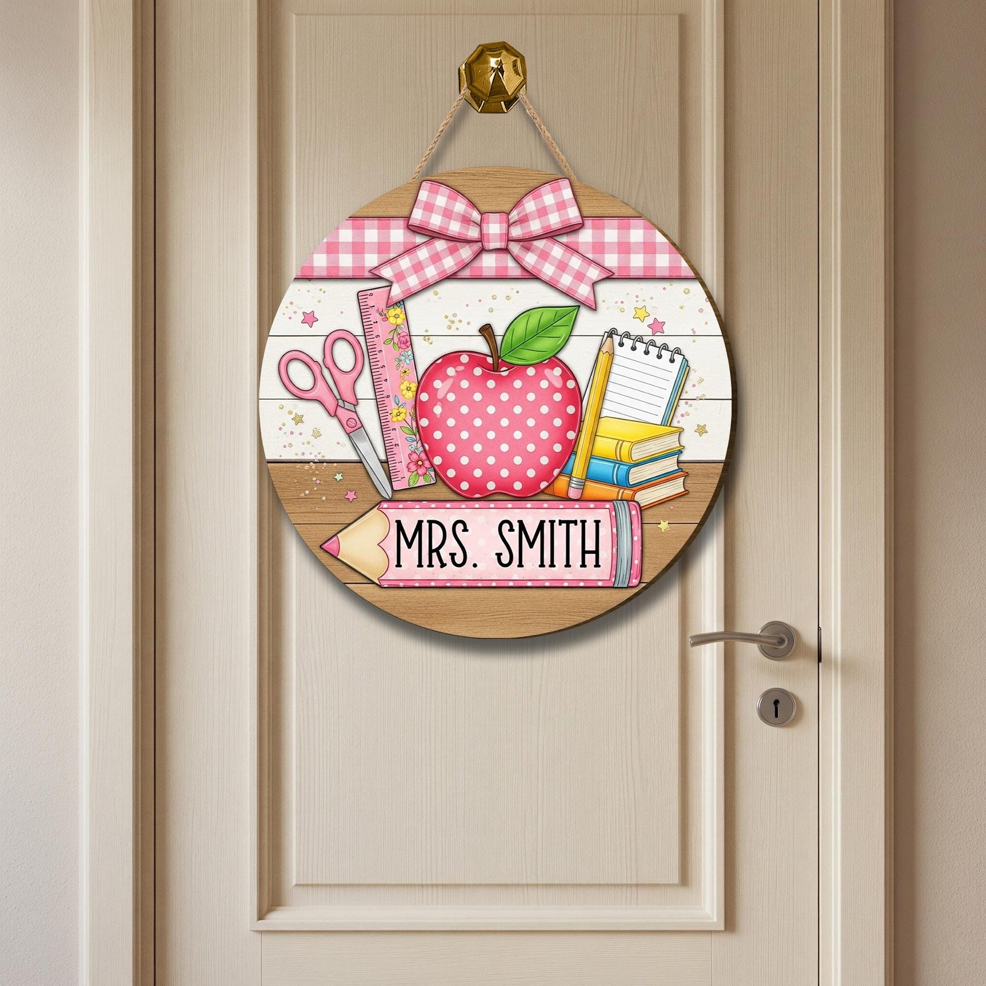 Coquette Teacher Door Sign, Personalized Classroom Decor with Apple and Books, Pink School Theme Wooden Sign, Back to School Gift