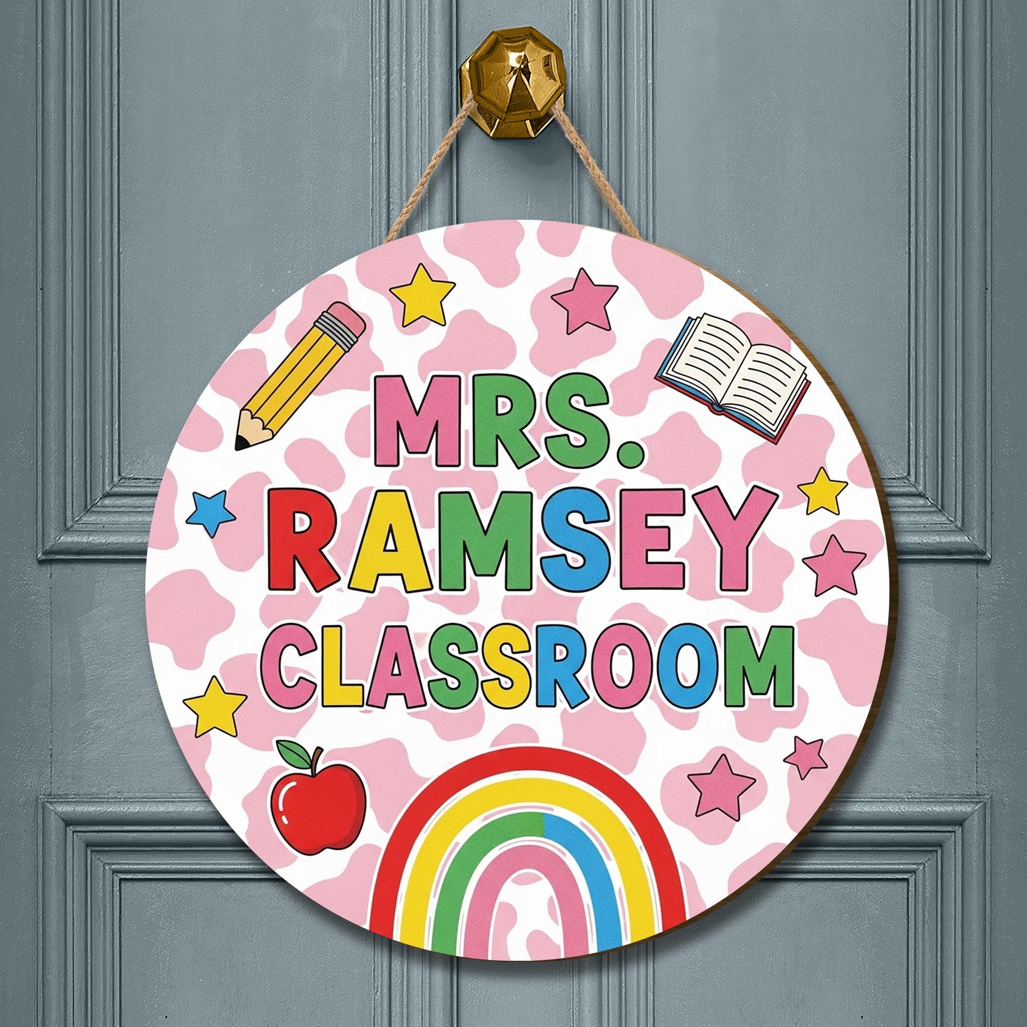 Colorful Classroom Door Sign, Personalized Teacher Name Sign with Rainbow and Stars, Cute School Decor, Back to School Gift