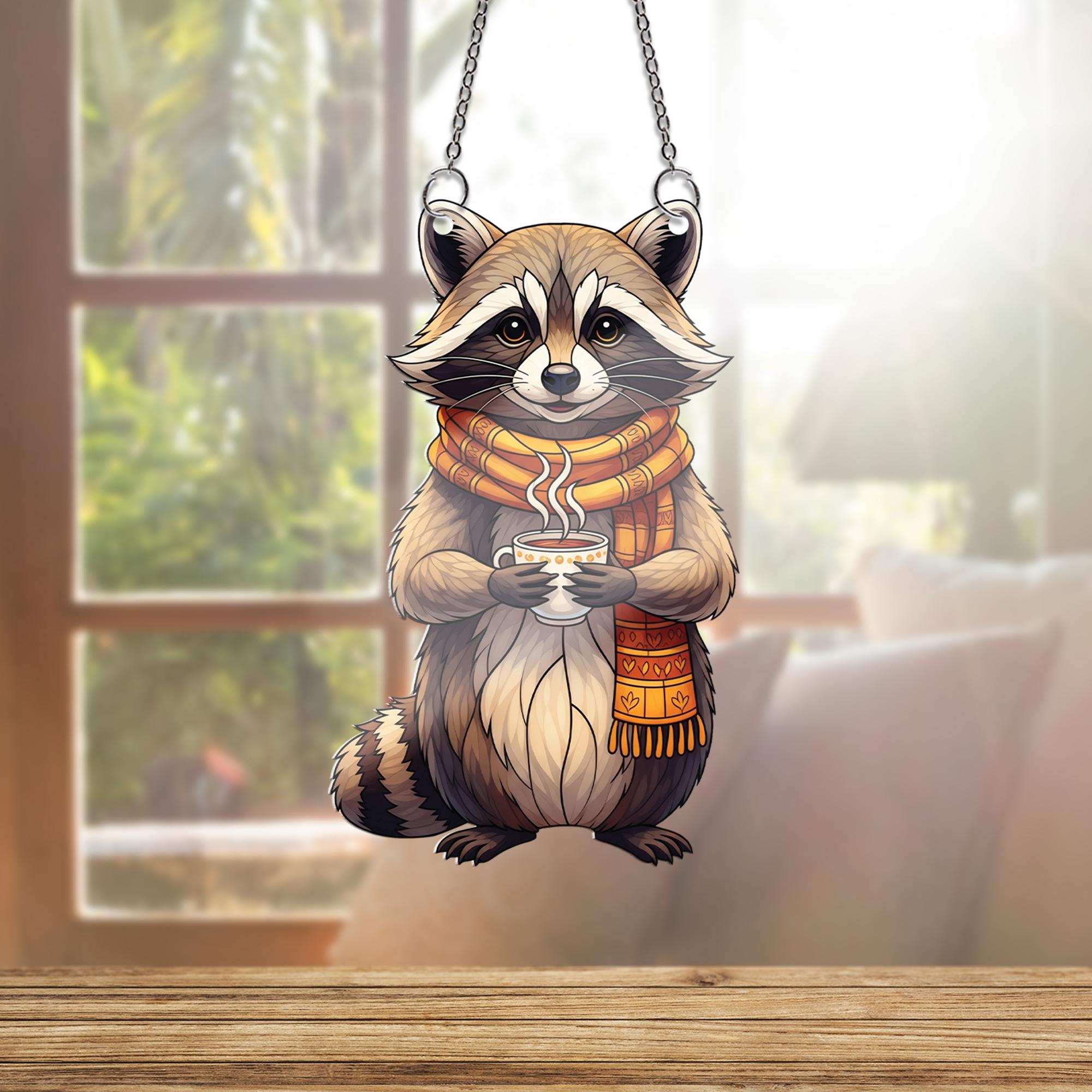 Cozy Raccoon Window Hanging – Autumn Animal Suncatcher with Scarf & Coffee – Cute Fall Decor for Kitchen, Nursery, or Living Room